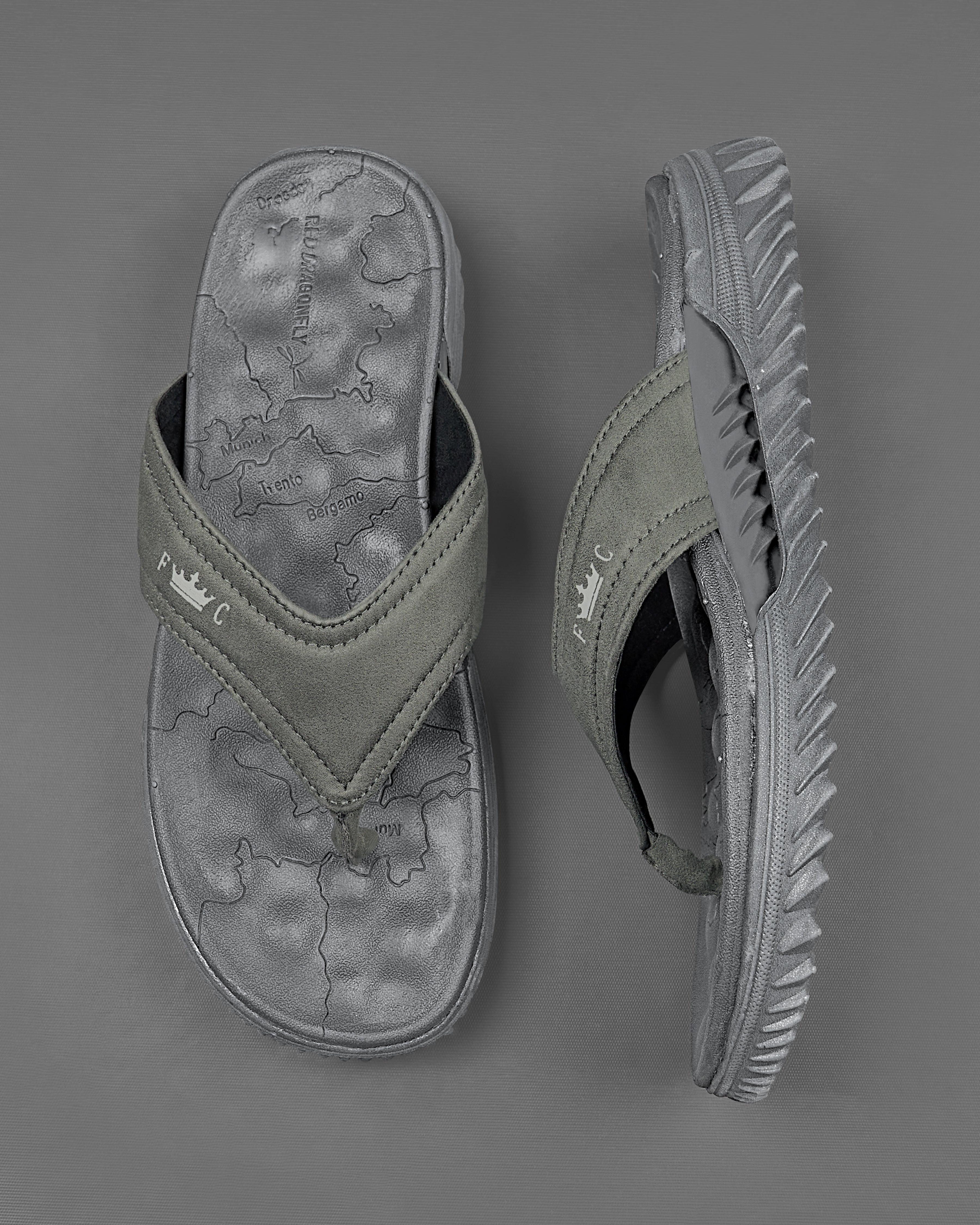 Grey Map Patterned Premium Vegan Leather Flip Flops For Men