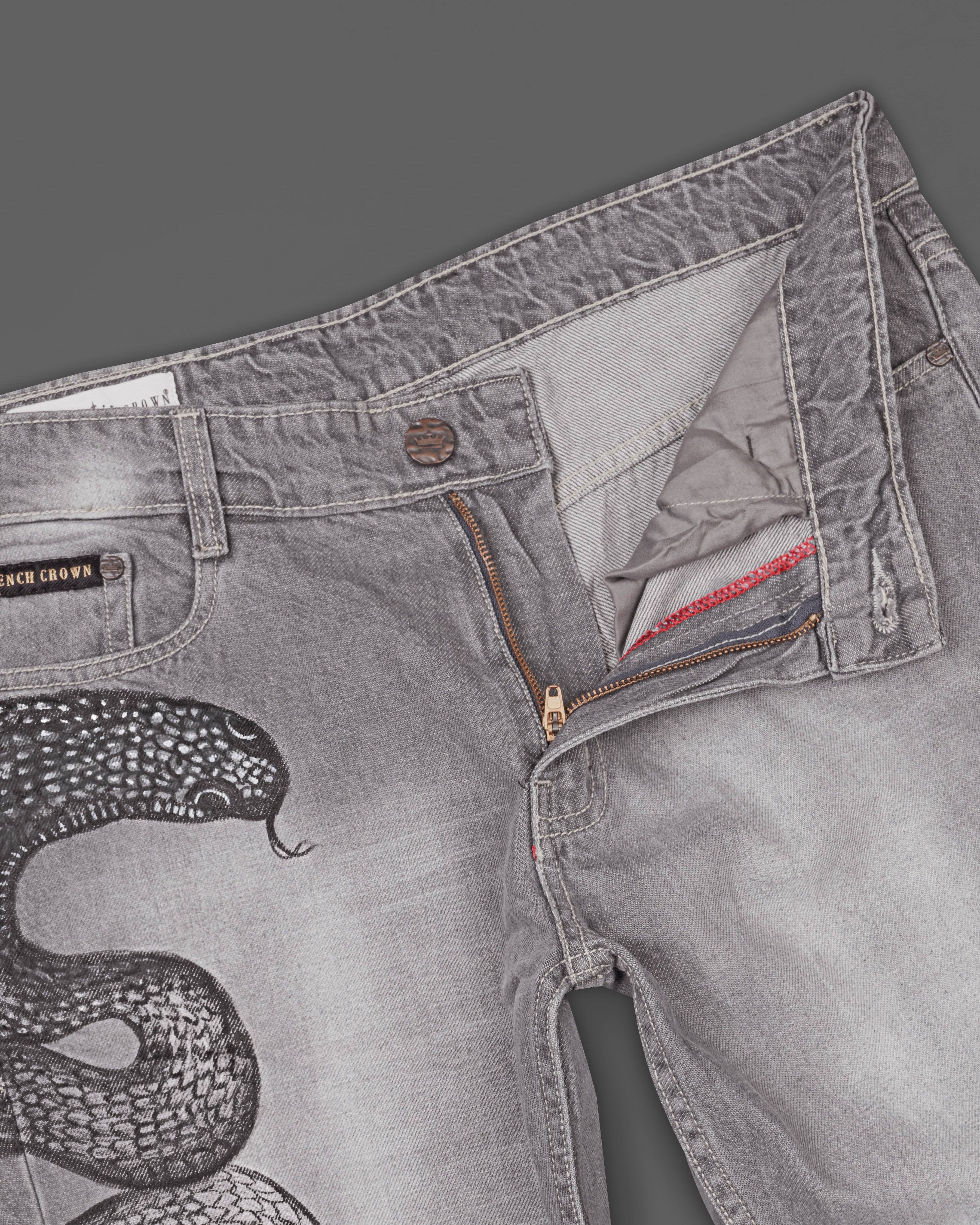 Monsoon Gray Snake Hand-Painted Stone Washed Denim J078-ART-32, J078-ART-34, J078-ART-36, J078-ART-38, J078-ART-40
