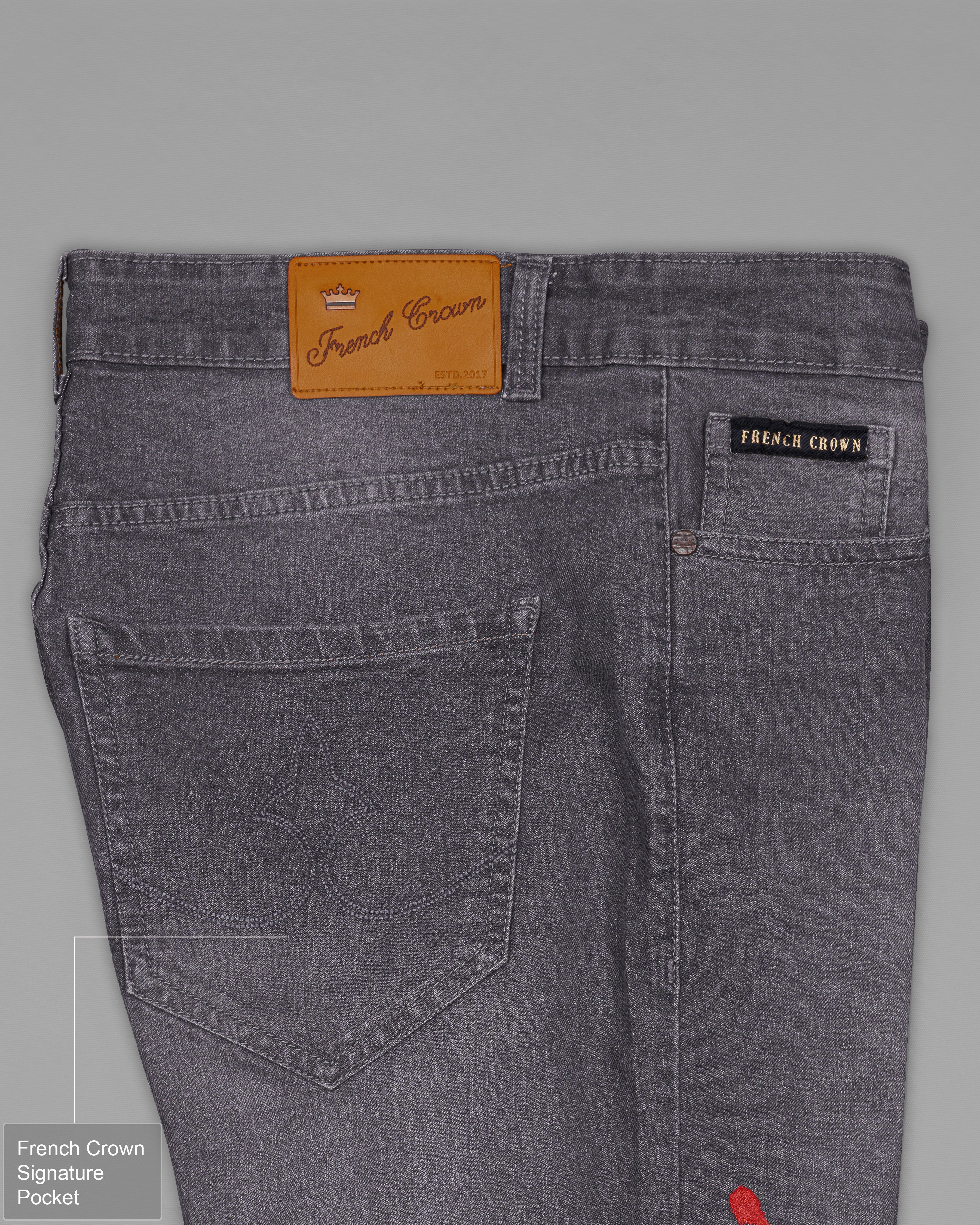 Wenge Gray Hand Painted Whiskering Washed Stretchable Denim J091-ART-32, J091-ART-34, J091-ART-36, J091-ART-38, J091-ART-40