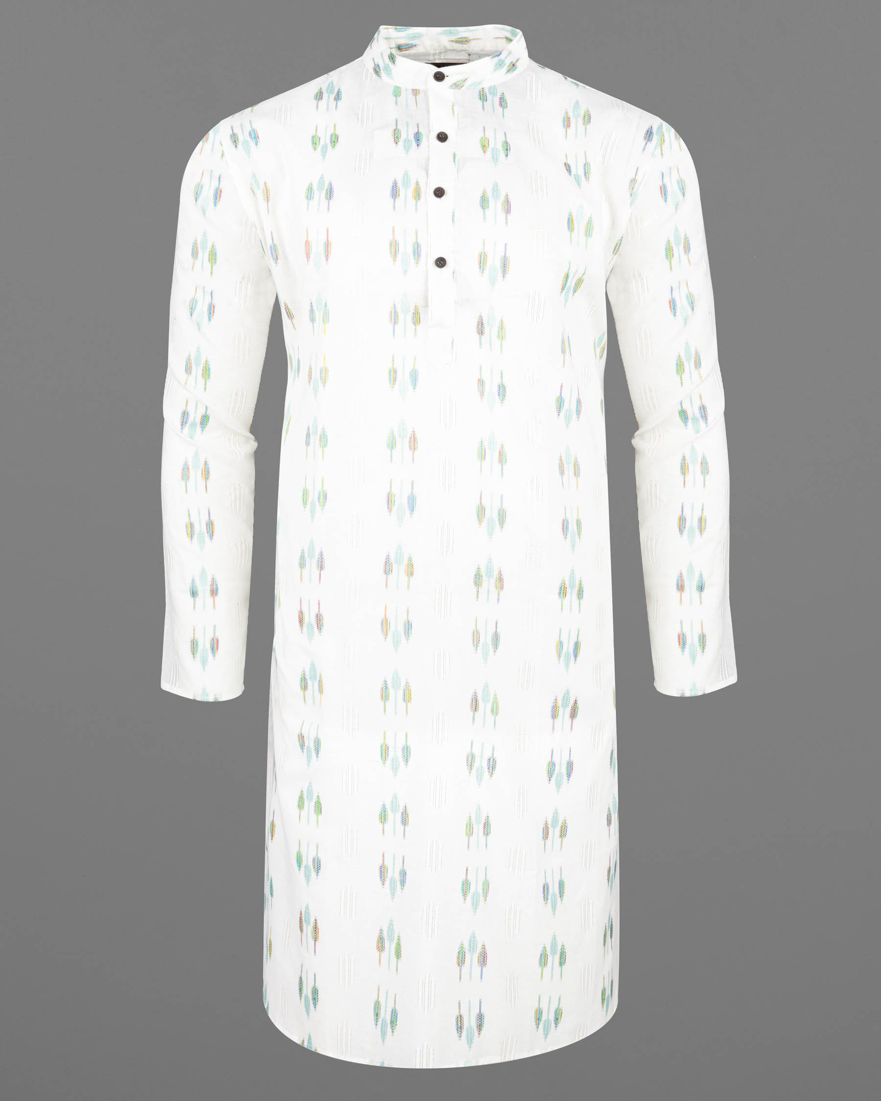 Bright White with colorful Leaves Jacquard Textured Premium Giza Cotton Kurta KT010-39, KT010-40, KT010-42, KT010-44, KT010-46