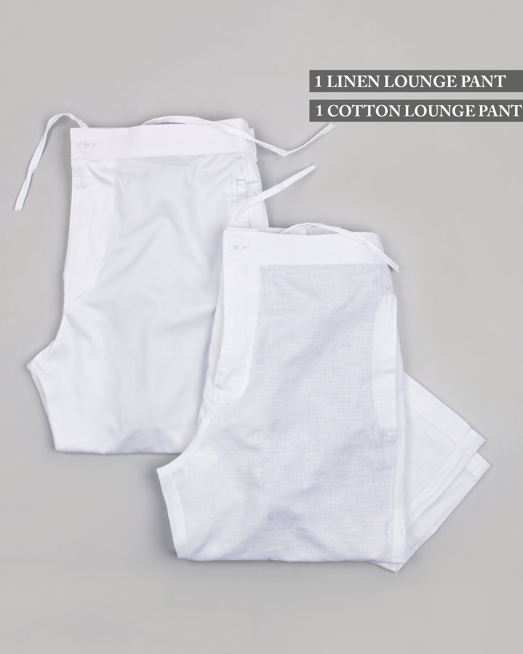 One white Cotton and One White Linen Lounge Pants LP014-34, LP014-42, LP014-44, LP014-32, LP014-30, LP014-28, LP014-38, LP014-40, LP014-36