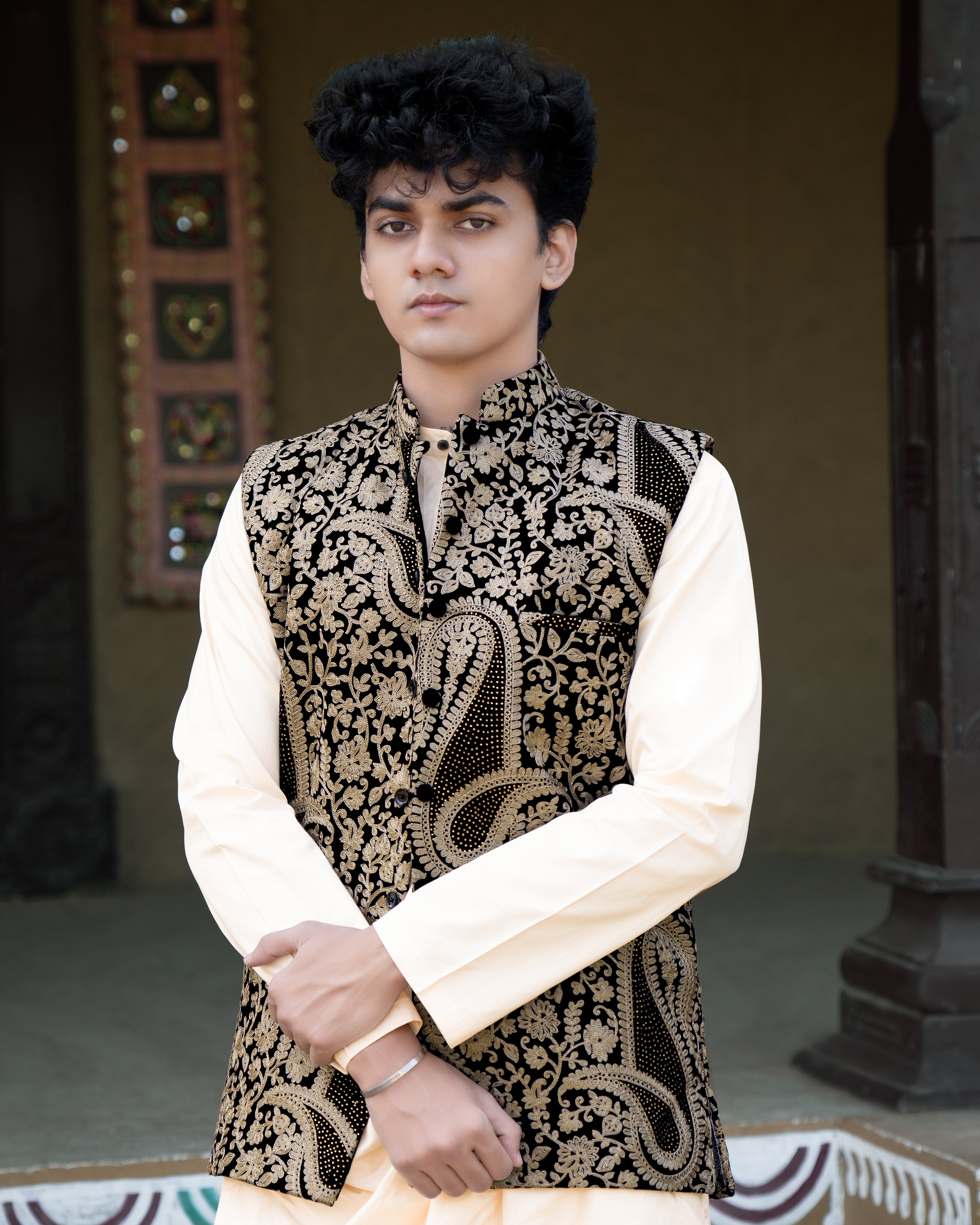 Albescent Beige Velvet Tikki Work with Cotton Embroidered Thread Work Badhgala Sherwani