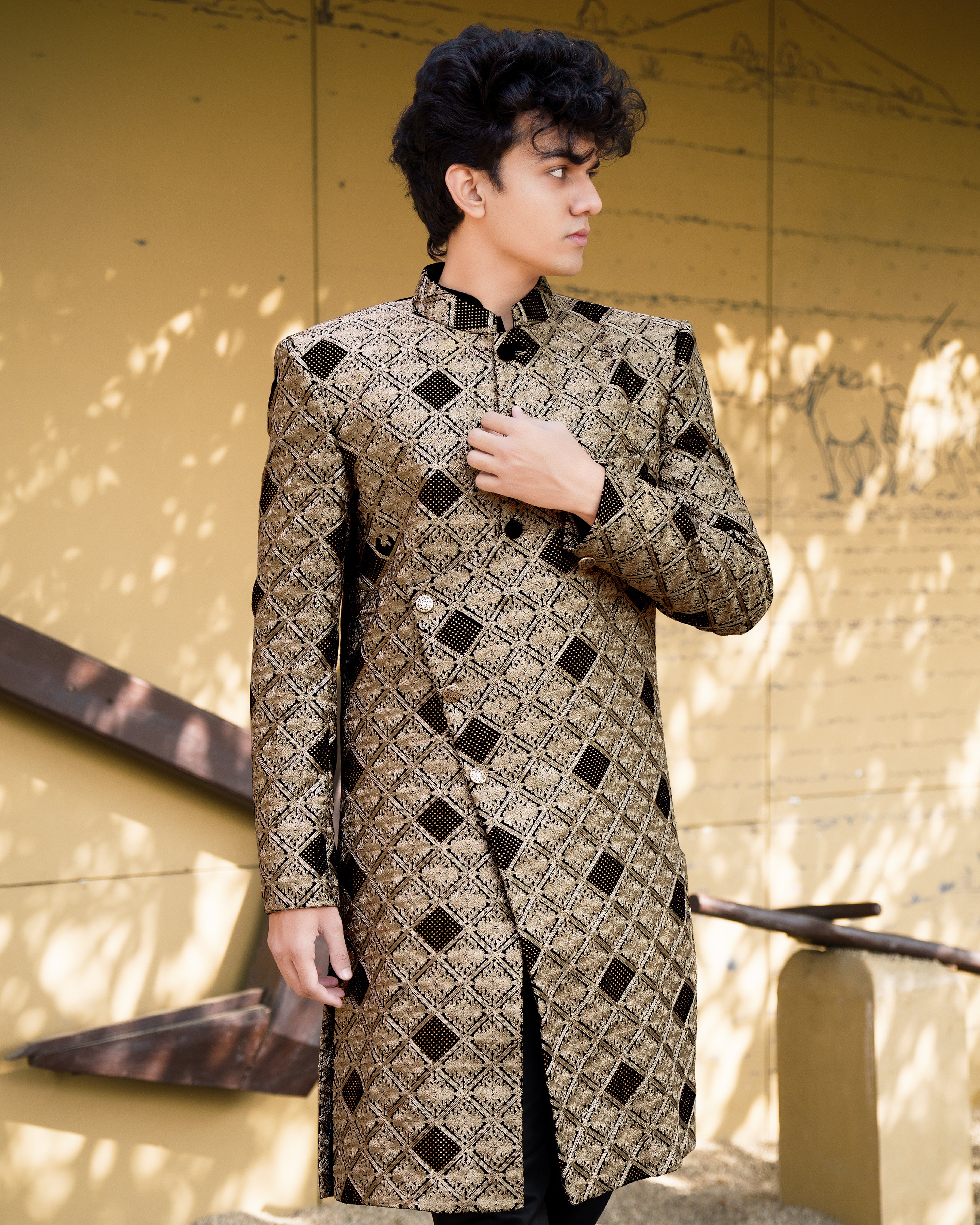 Muesli Brown with Black Velvet Tikki Work with Cotton Embroidered Thread Work Cross Buttoned Bandhgala Sherwani with Kurta and Pyjama SHR008-SRW11-36, SHR008-SRW11-38, SHR008-SRW11-40, SHR008-SRW11-42, SHR008-SRW11-44, SHR008-SRW11-46, SHR008-SRW11-48, SHR008-SRW11-50, SHR008-SRW11-52, SHR008-SRW11-54, SHR008-SRW11-56, SHR008-SRW11-58, SHR008-SRW11-60