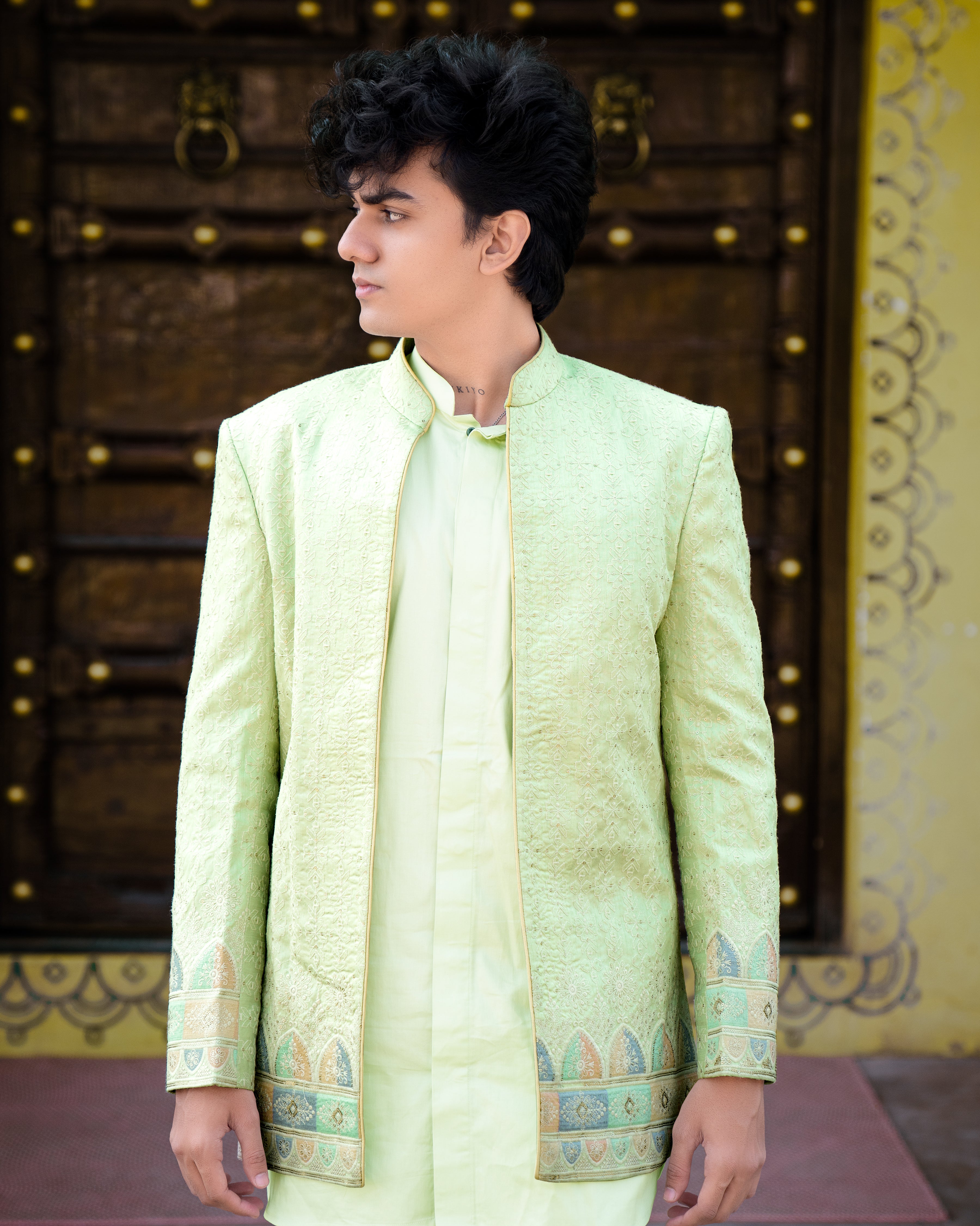 Surf Crest Green Bandhgala Sherwani and Half-Sleeved Jacket