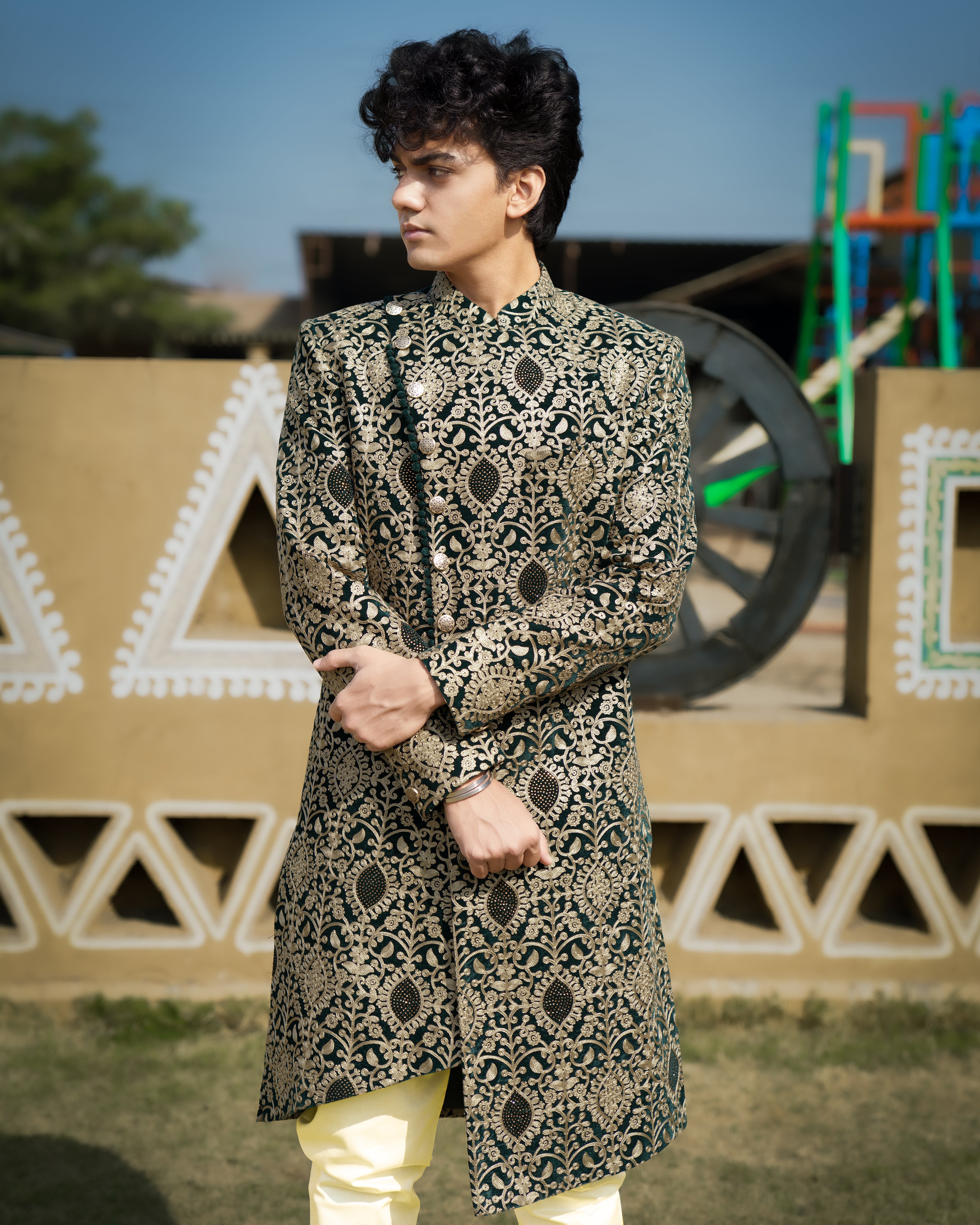 Muesli Brown with Burnham Green Velvet Tikki Work with Cotton Embroidered Thread Work Asymmetrical Patterned Cross Buttoned Badhgala Sherwani SHR012-SRW02-36, SHR012-SRW02-38, SHR012-SRW02-40, SHR012-SRW02-42, SHR012-SRW02-44, SHR012-SRW02-46, SHR012-SRW02-48, SHR012-SRW02-50, SHR012-SRW02-52, SHR012-SRW02-54, SHR012-SRW02-56, SHR012-SRW02-58, SHR012-SRW02-60