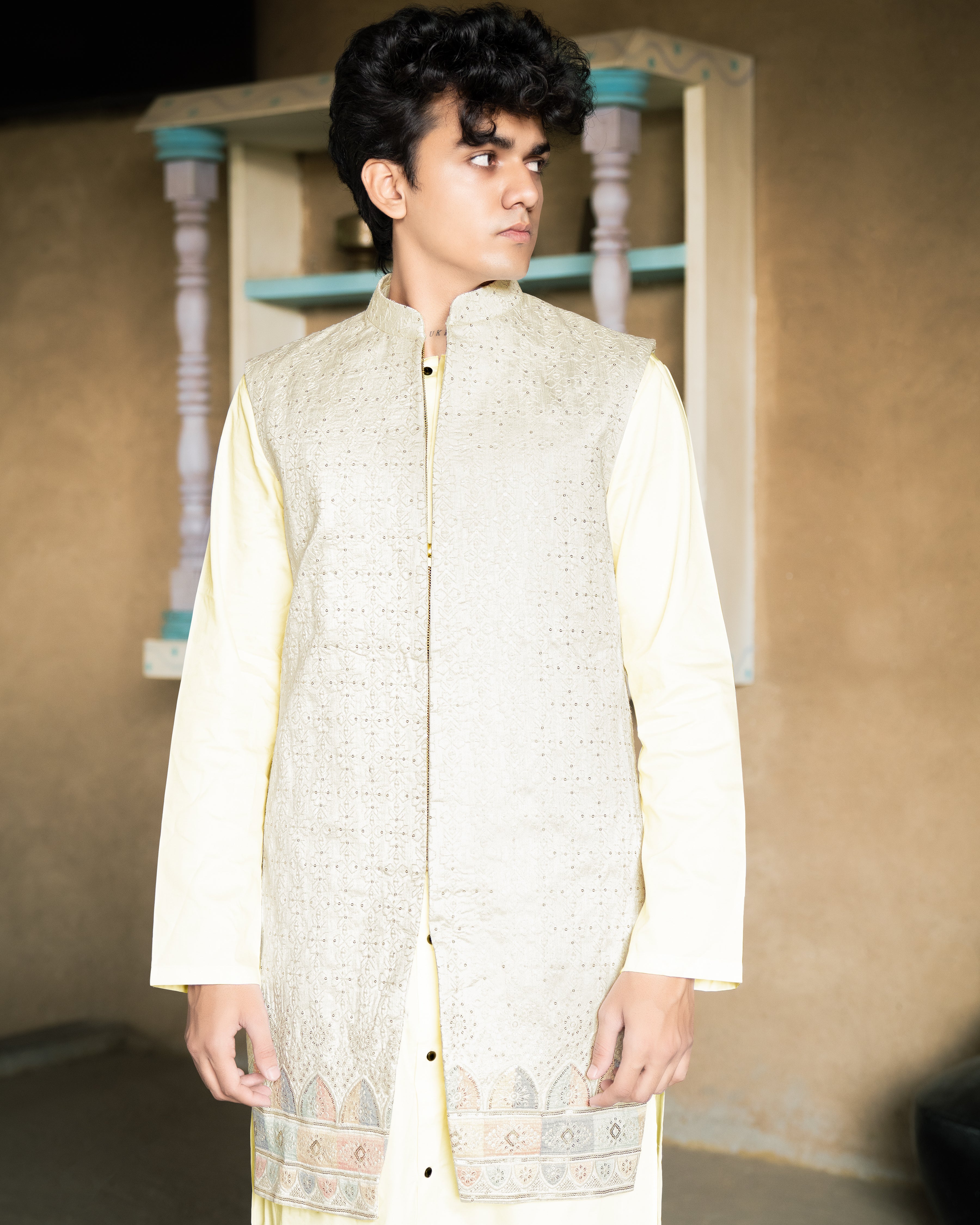 Mercury Beige Bandhgala Sherwani with Kurta, Pyjama and Half-Sleeved Jacket