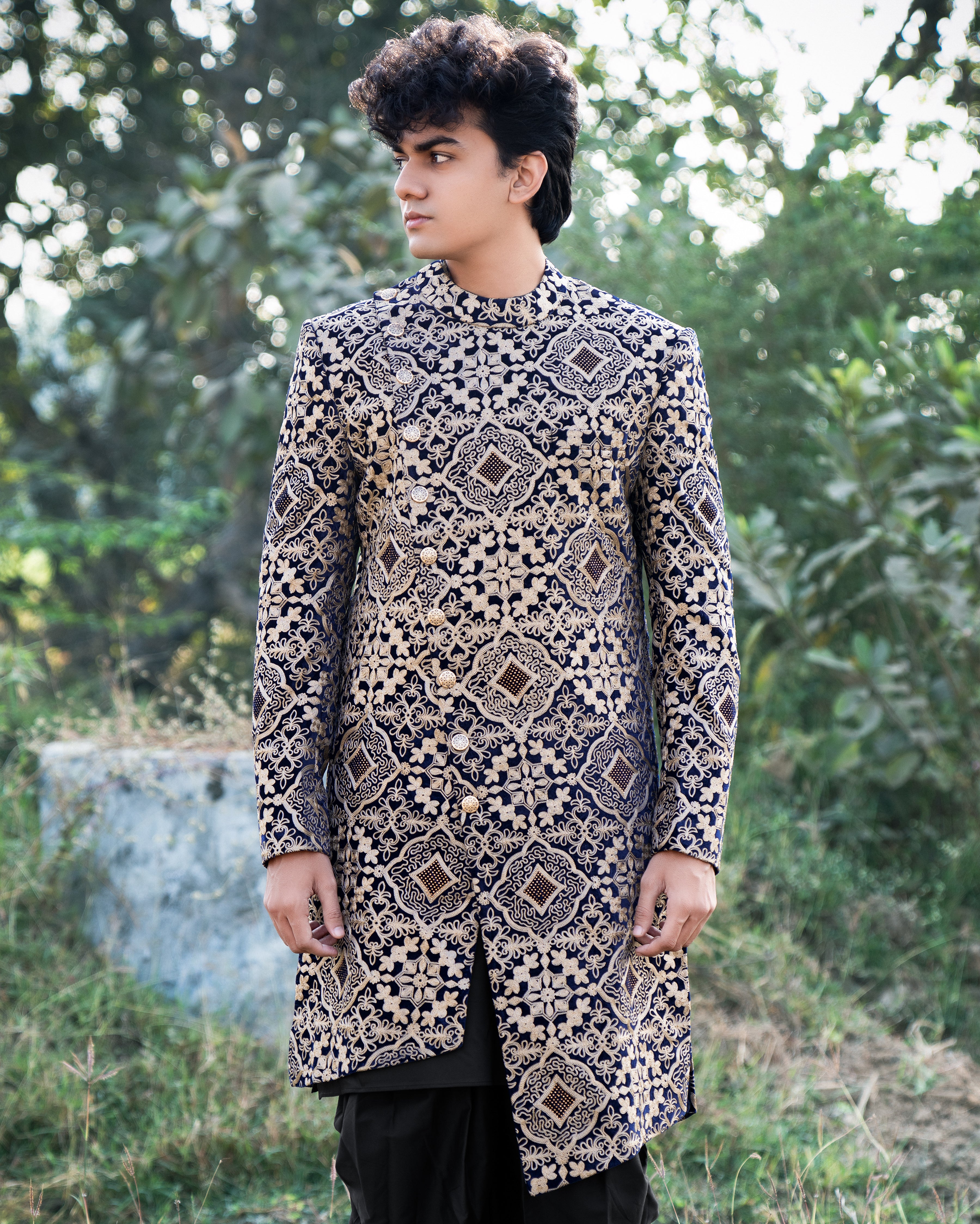 Jaguar Black with Sandal Brown Velvet Tikki Work with Cotton Embroidered Thread Work Cross Buttoned Bandhgala Asymmetrical Patterned Sherwani SHR02-SRW03-36, SHR02-SRW03-38, SHR02-SRW03-40, SHR02-SRW03-42, SHR02-SRW03-44, SHR02-SRW03-46, SHR02-SRW03-48, SHR02-SRW03-50, SHR02-SRW03-52, SHR02-SRW03-54, SHR02-SRW03-56, SHR02-SRW03-58, SHR02-SRW03-60