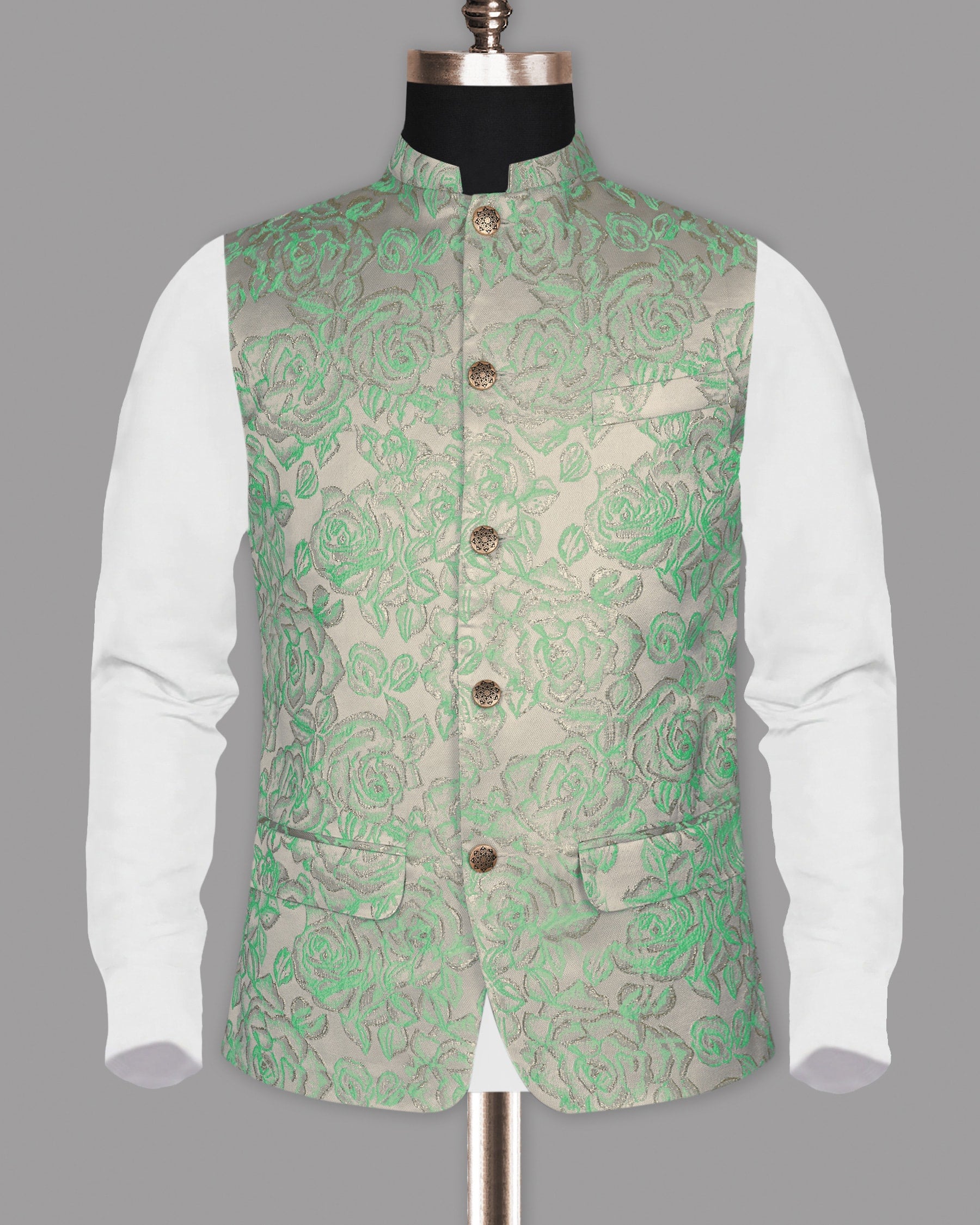 Mint with Silver Threading and Rose Jacquard Textured Designer Nehru Jacket