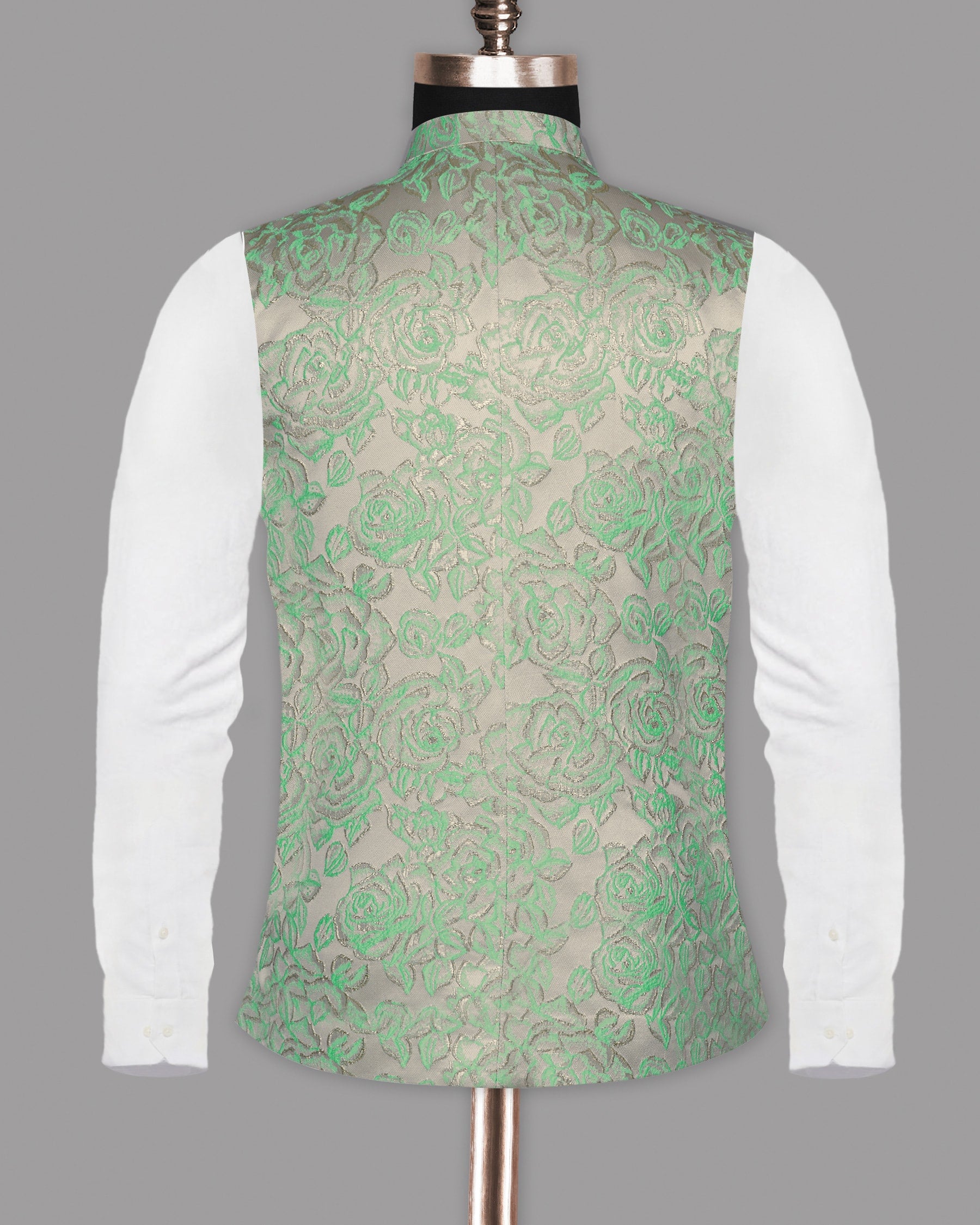 Mint with Silver Threading and Rose Jacquard Textured Designer Nehru Jacket