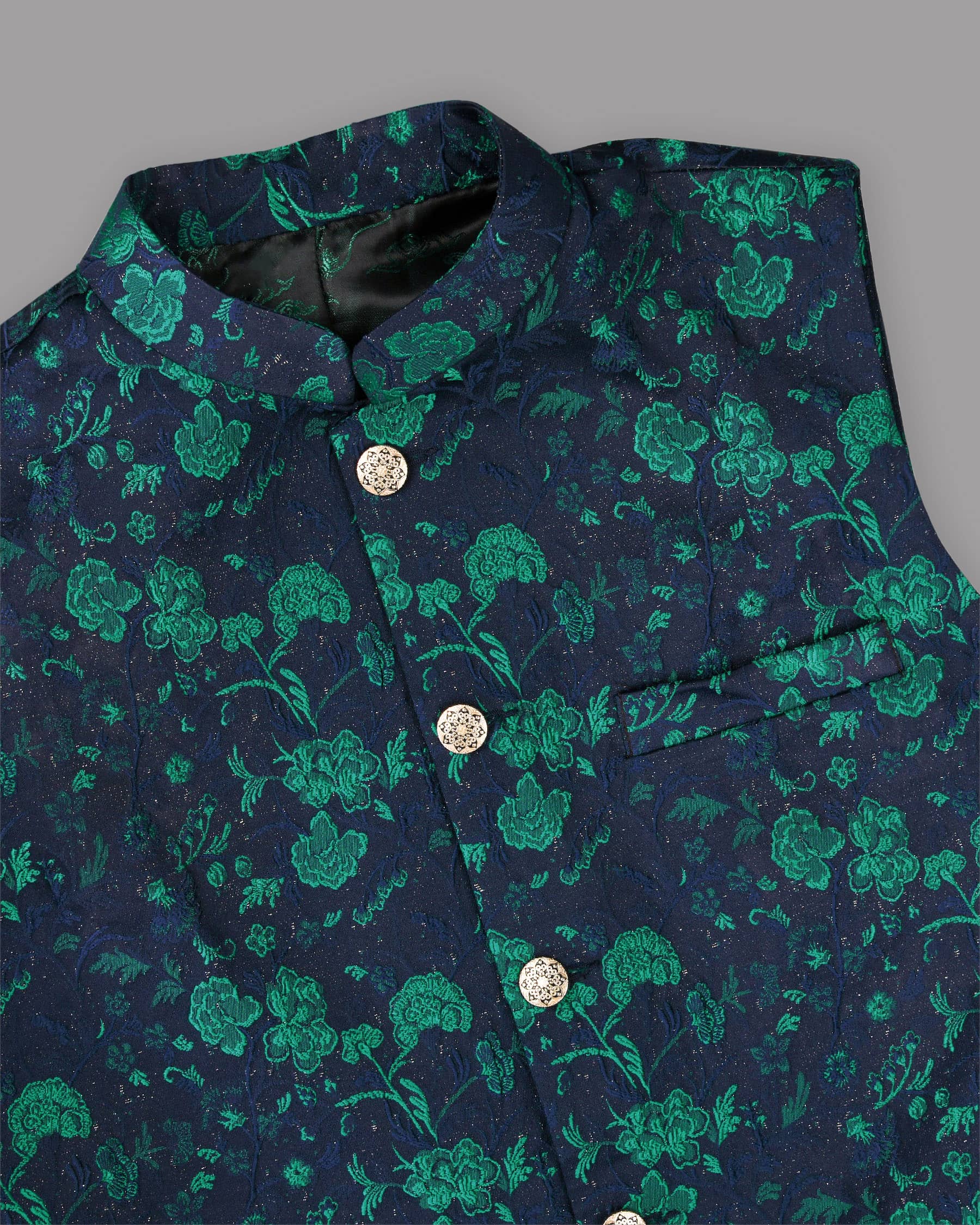 Navy with Tonal and Turquois Floral Jacquard Designer Nehru Jacket