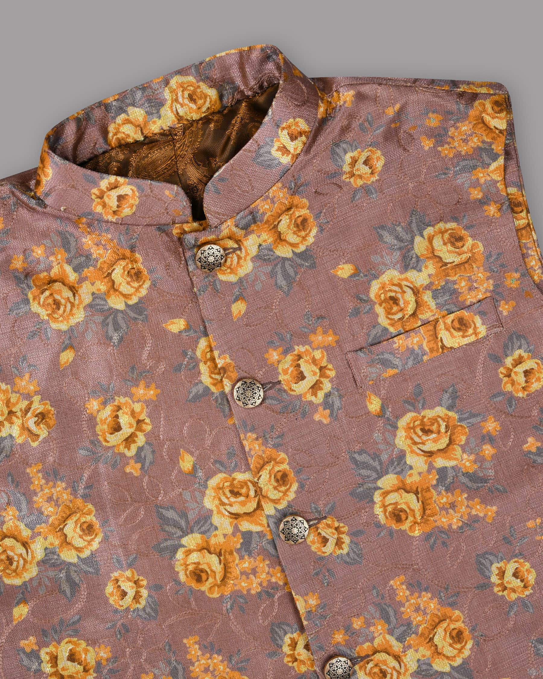 Rosewood with Tonal embroidered and Mustard Flowers Printed Premium Designer Nehru Jacket