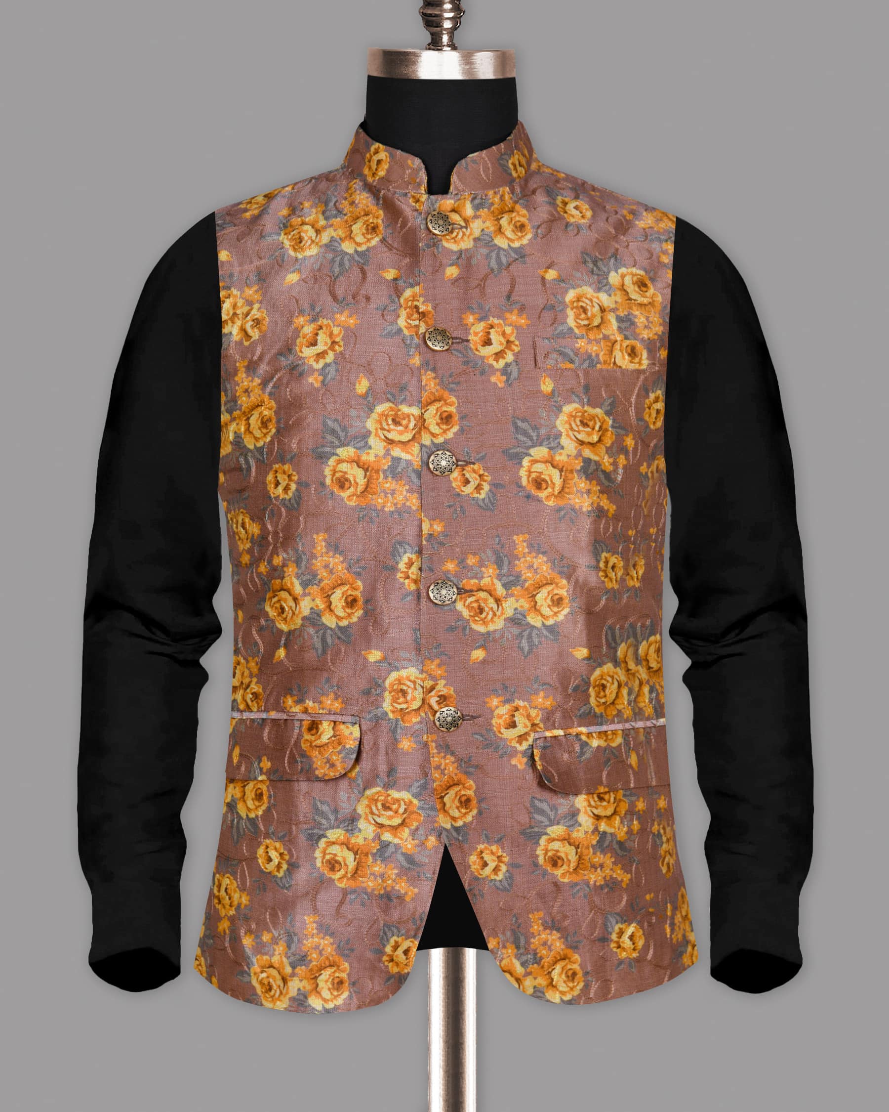 Rosewood with Tonal embroidered and Mustard Flowers Printed Premium Designer Nehru Jacket