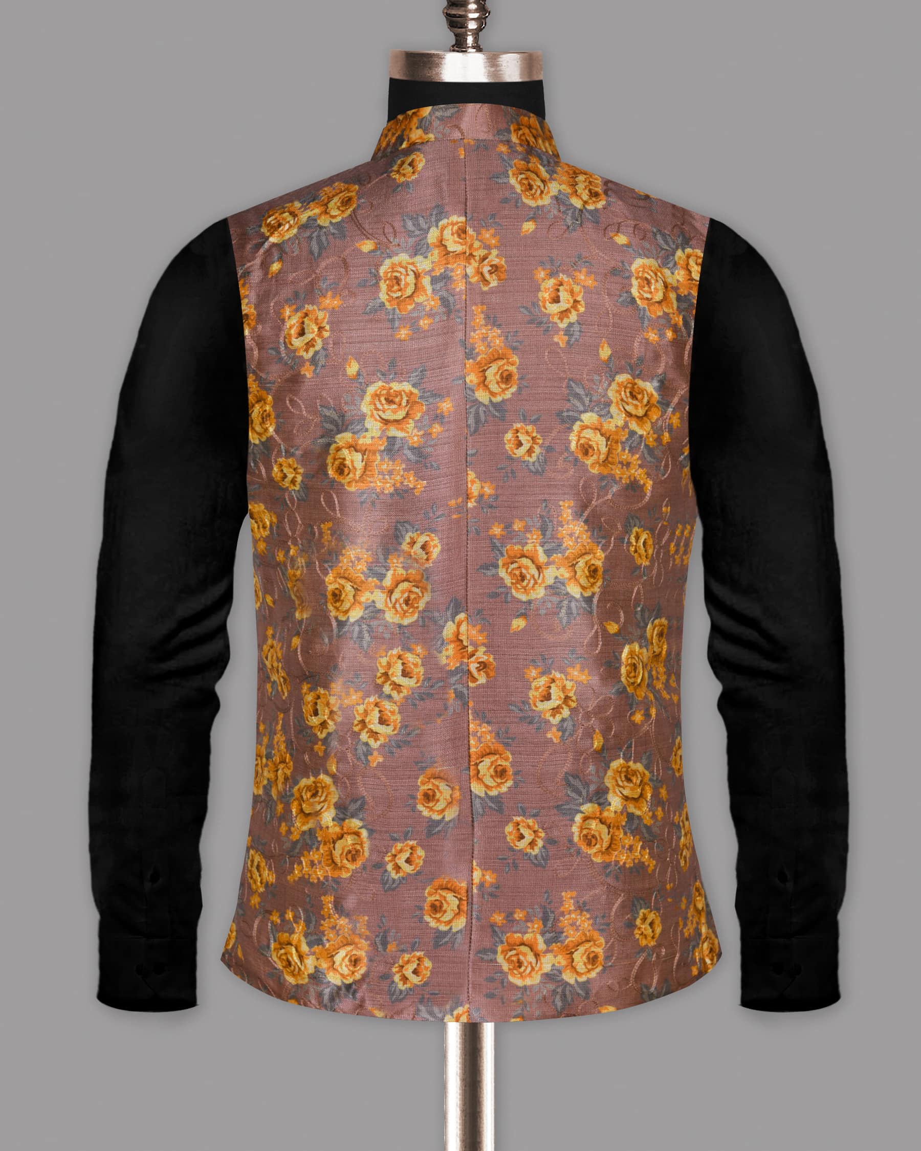 Rosewood with Tonal embroidered and Mustard Flowers Printed Premium Designer Nehru Jacket