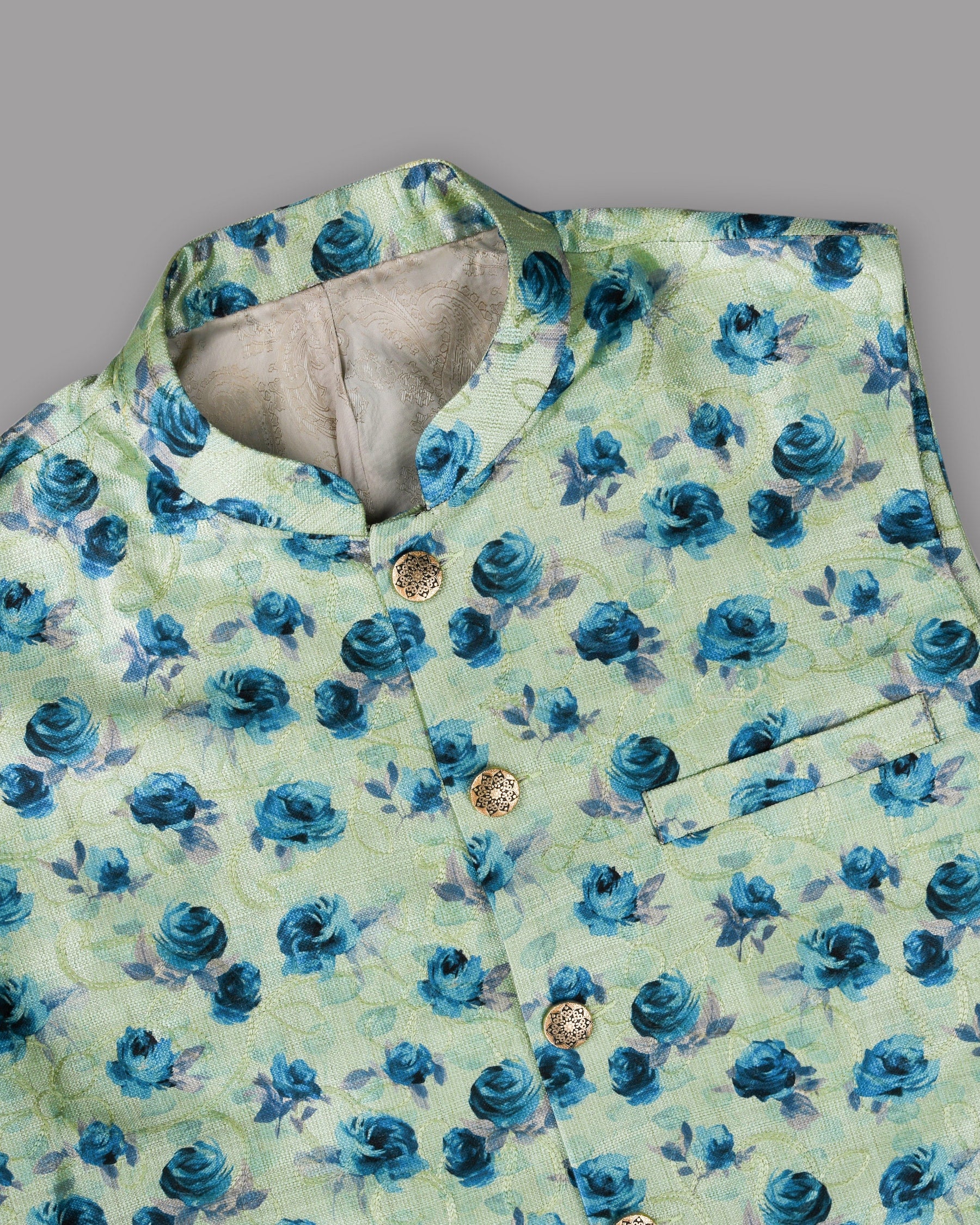 Green with Blue Flower Patterned and Jacquard Textured Designer Nehru Jacket