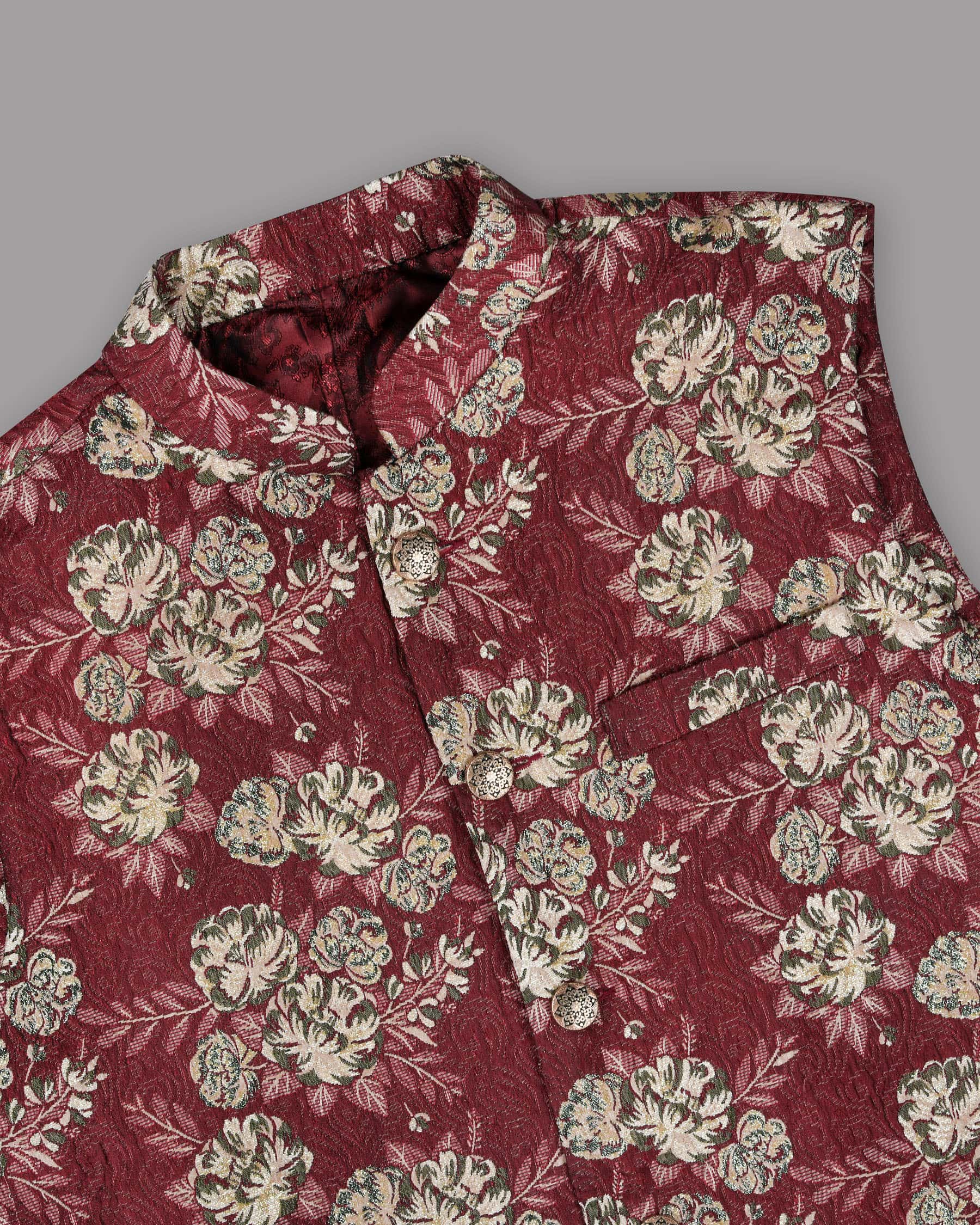 Red with Golden Flower Jacquard Designer Nehru Jacket