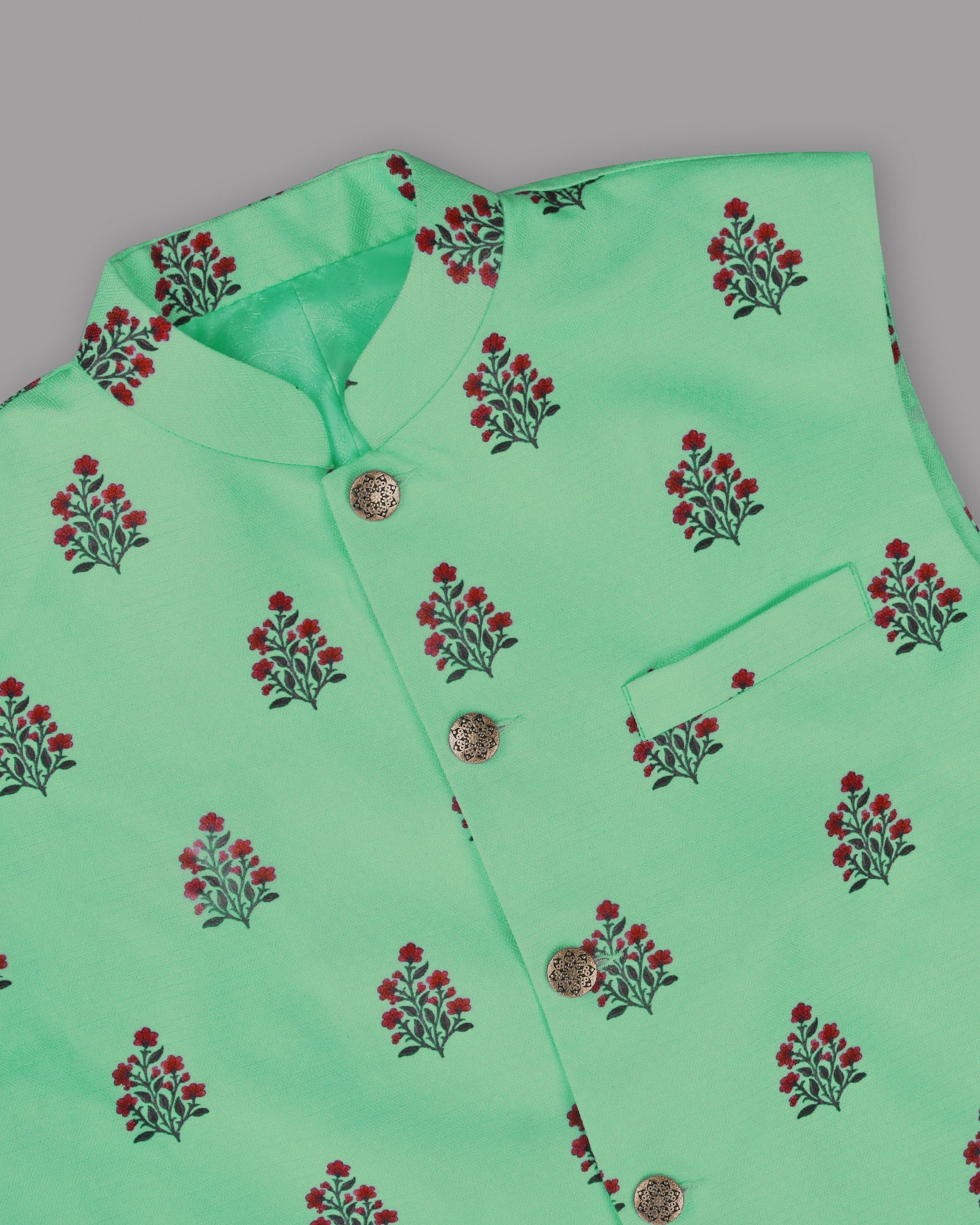 Turquois Flower Patterned and Subtle Textured Designer Nehru Jacket