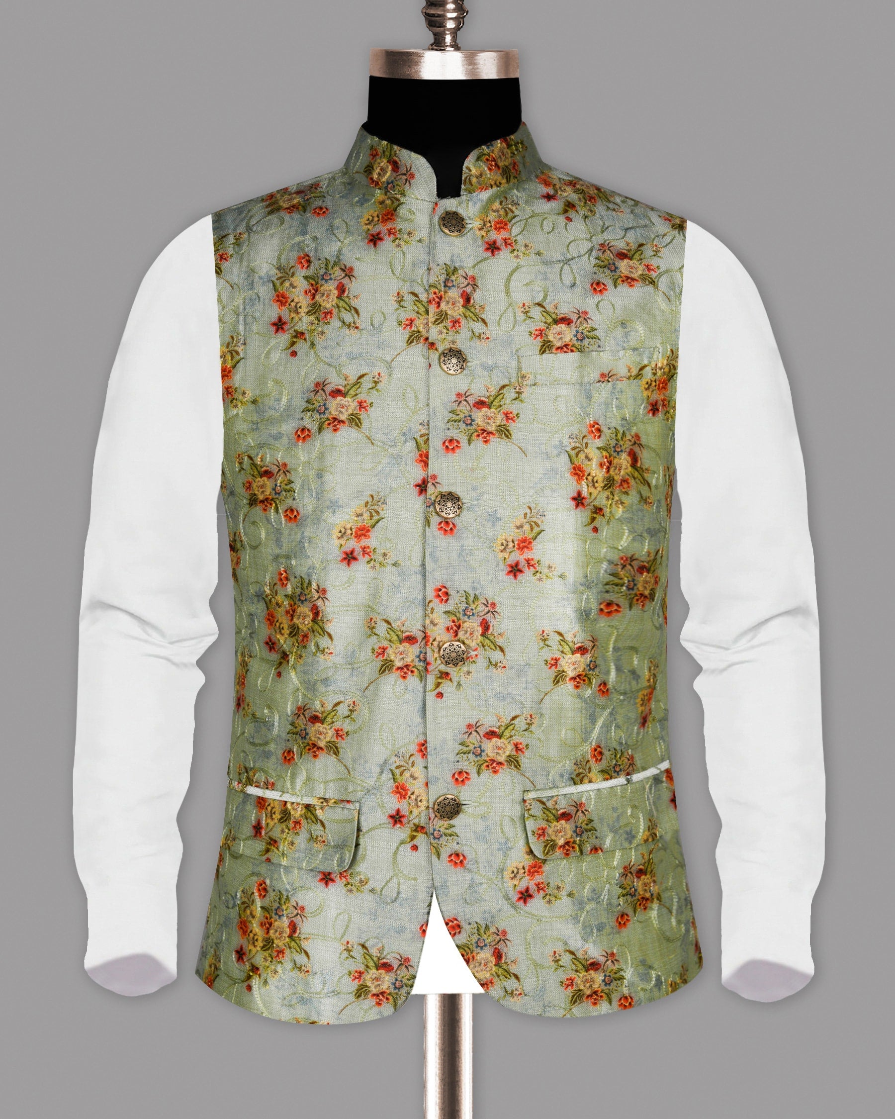 Mint Flower Patterned and Jacquard Textured Designer Nehru Jacket