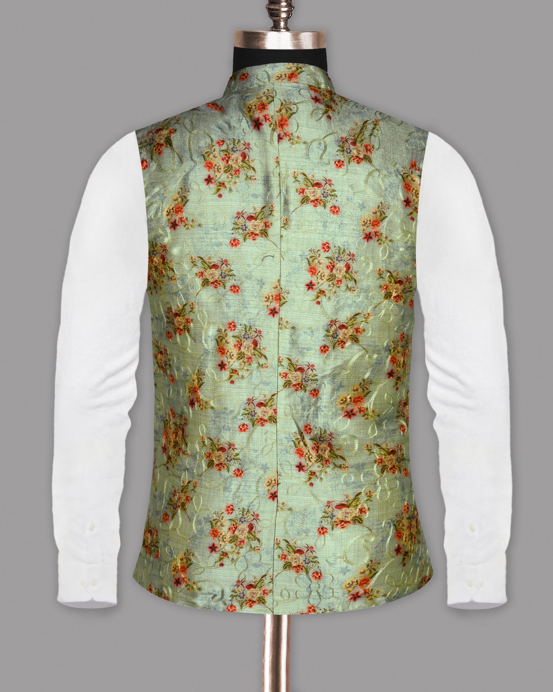 Mint with Tonal Embroidered and Red Flowers Printed Premium Designer Nehru Jacket