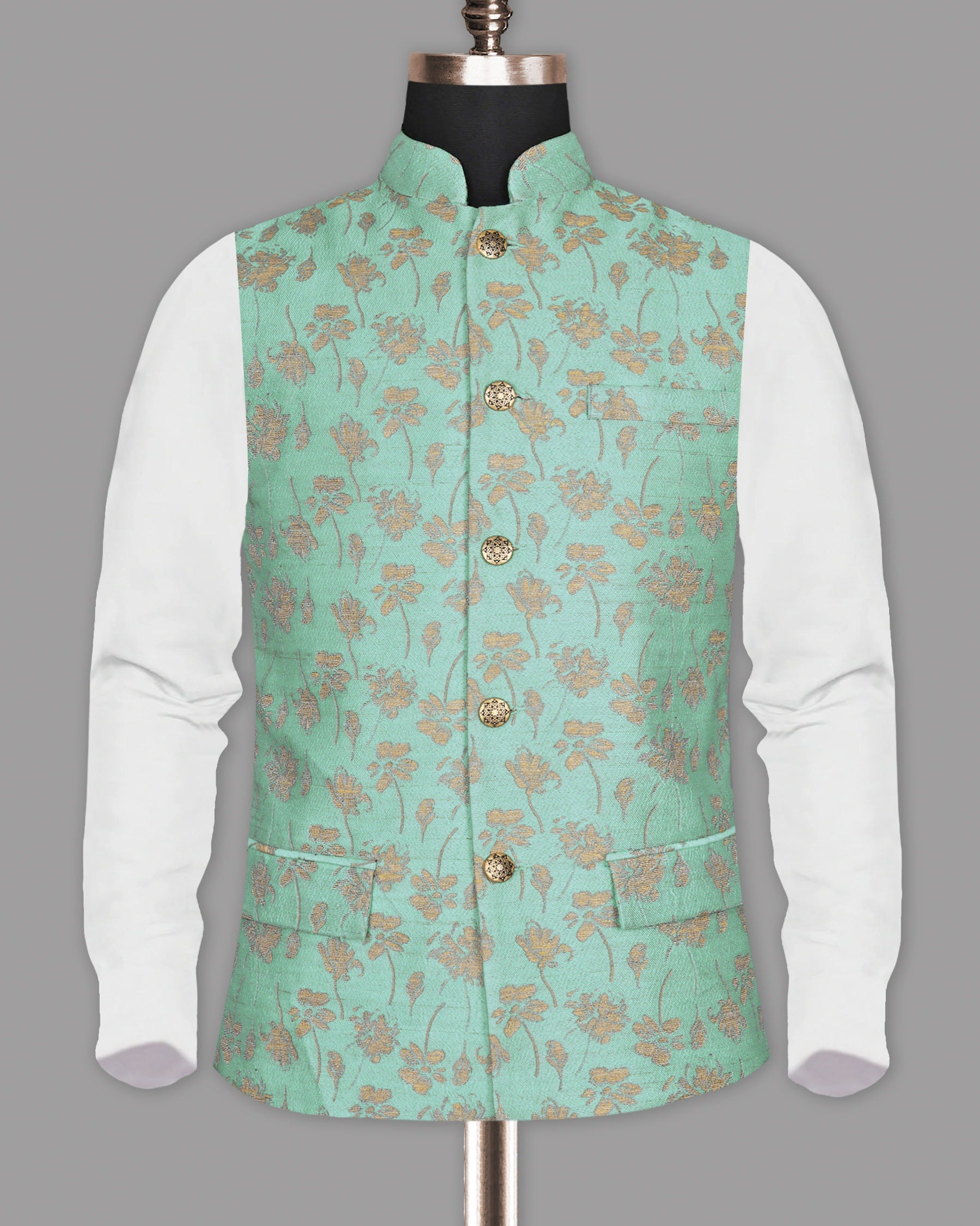 Mint Flower Jacquard Designer Nehru jacket