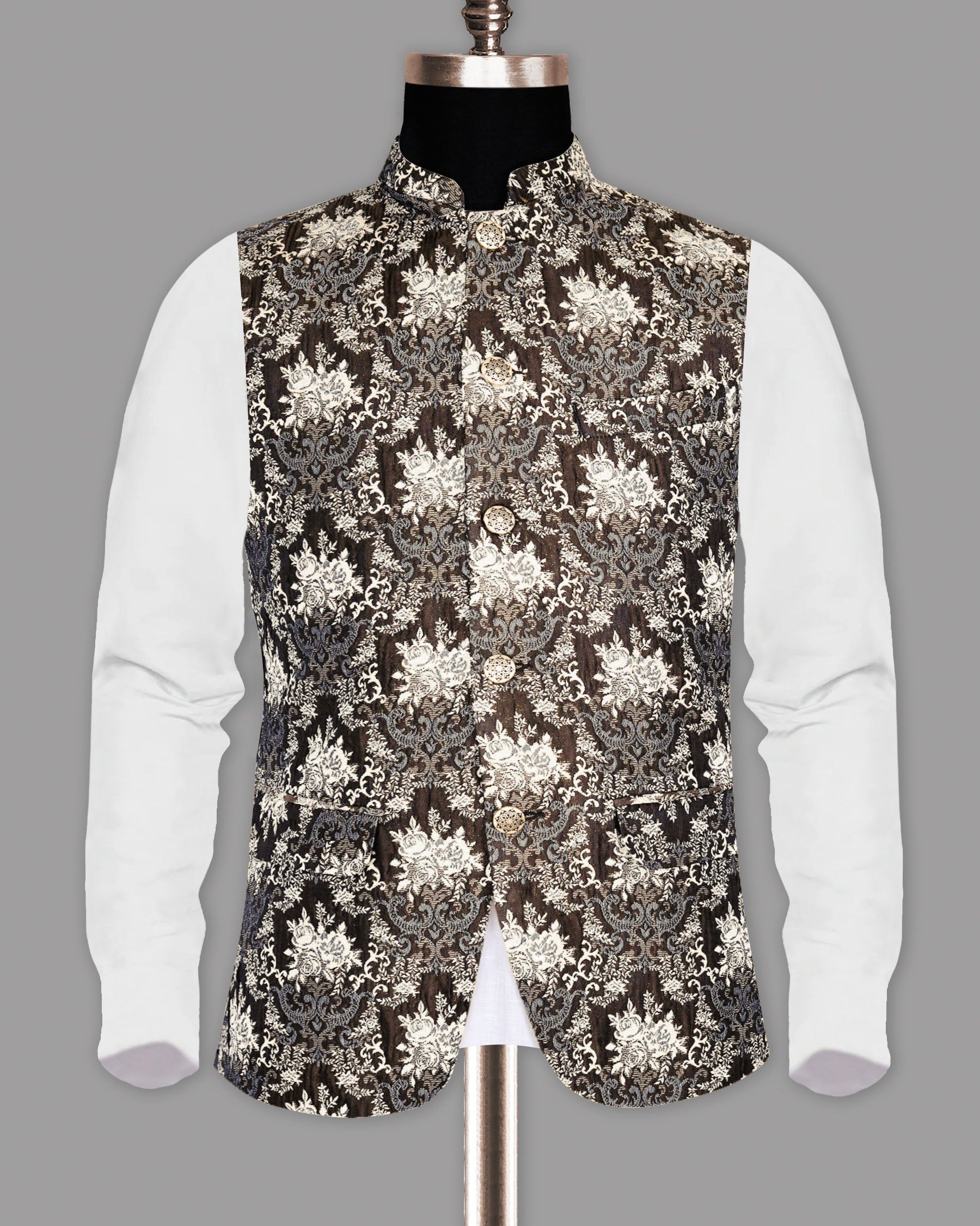 Brown with Cream and Grey Rose Jacquard Premium Designer Nehru Jacket