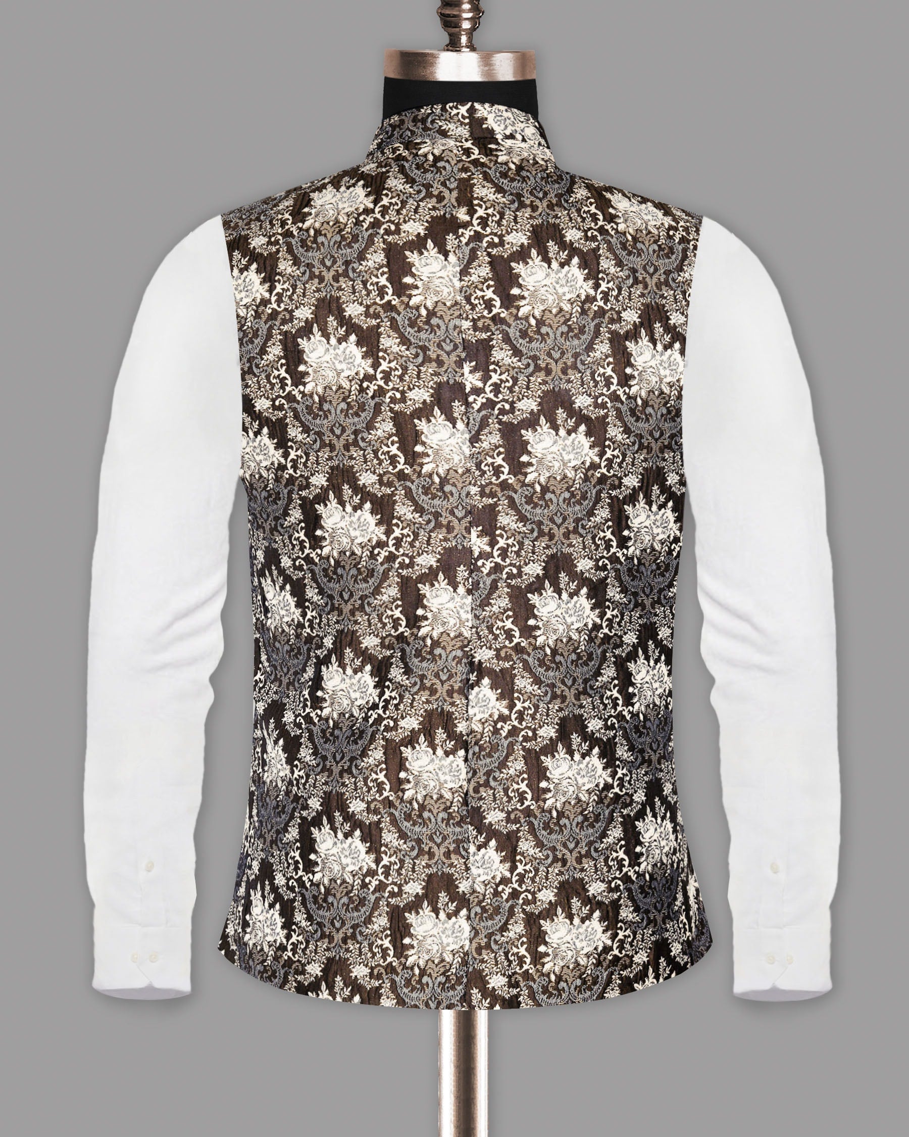 Brown with Cream and Grey Rose Jacquard Premium Designer Nehru Jacket