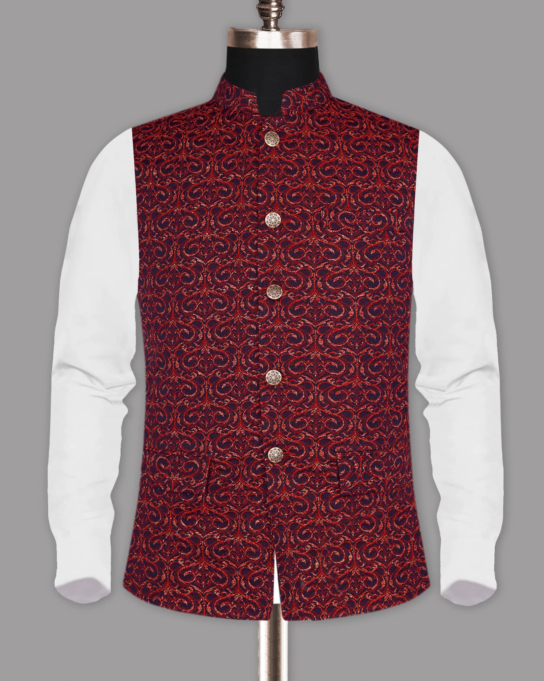 Red with Golden Climber Jacquard Designer Nehru Jacket