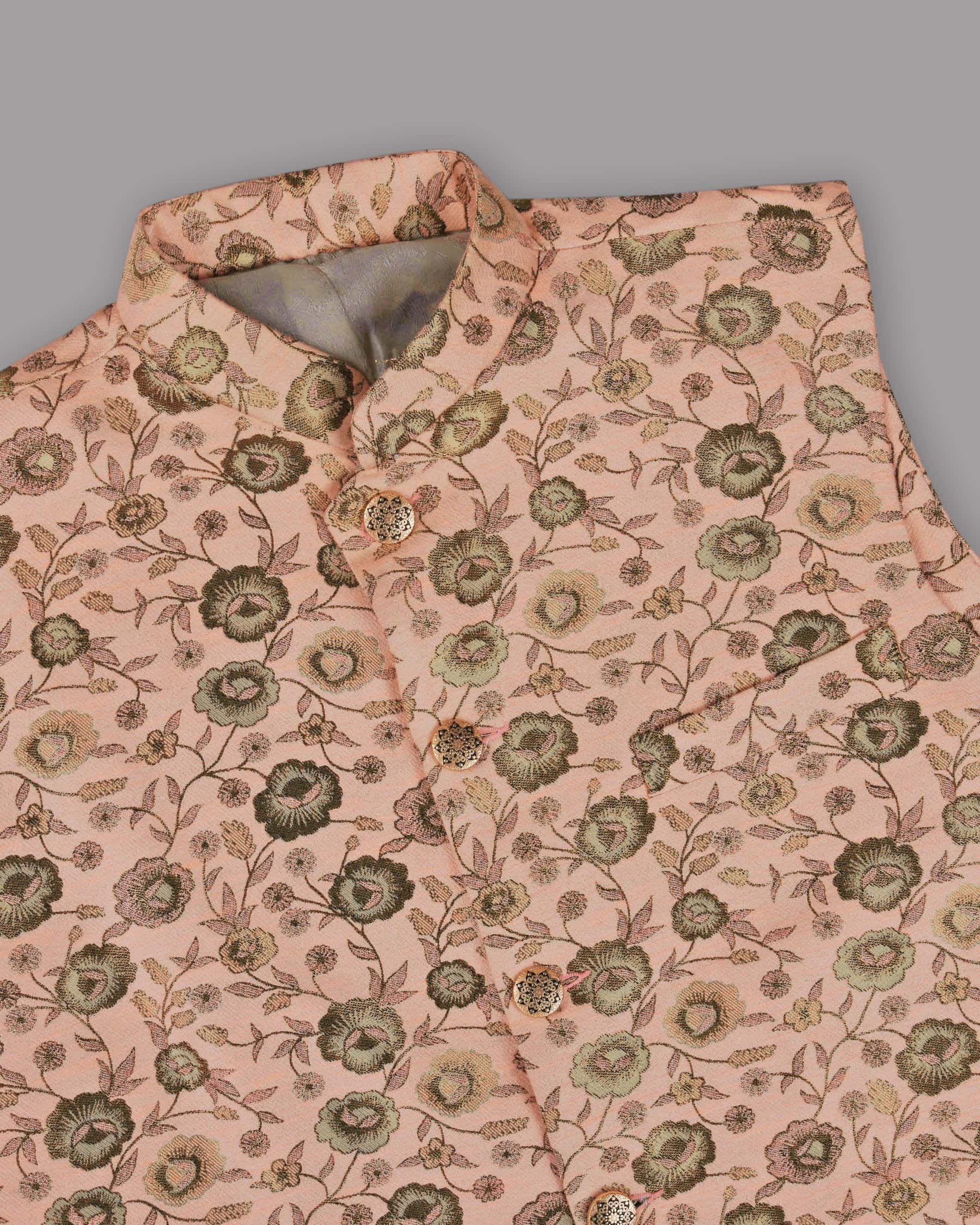 Olive with Cream and Pink Rose Jacquard Premium Designer Nehru Jacket