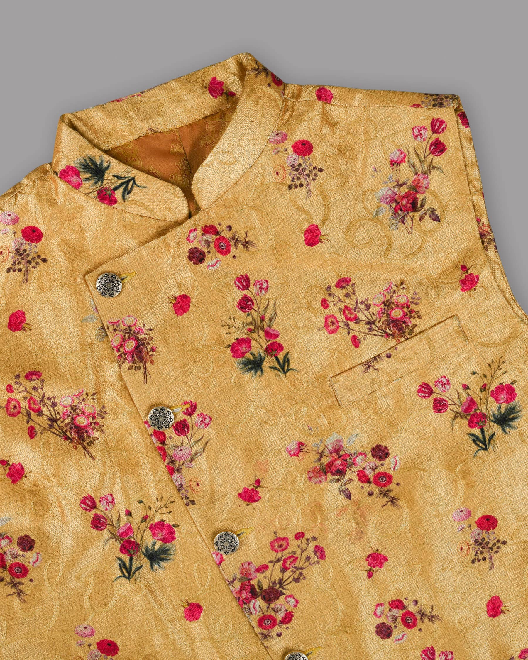 Mustard with Tonal Embroidered and Red flowers Printed Designer Nehru Jacket