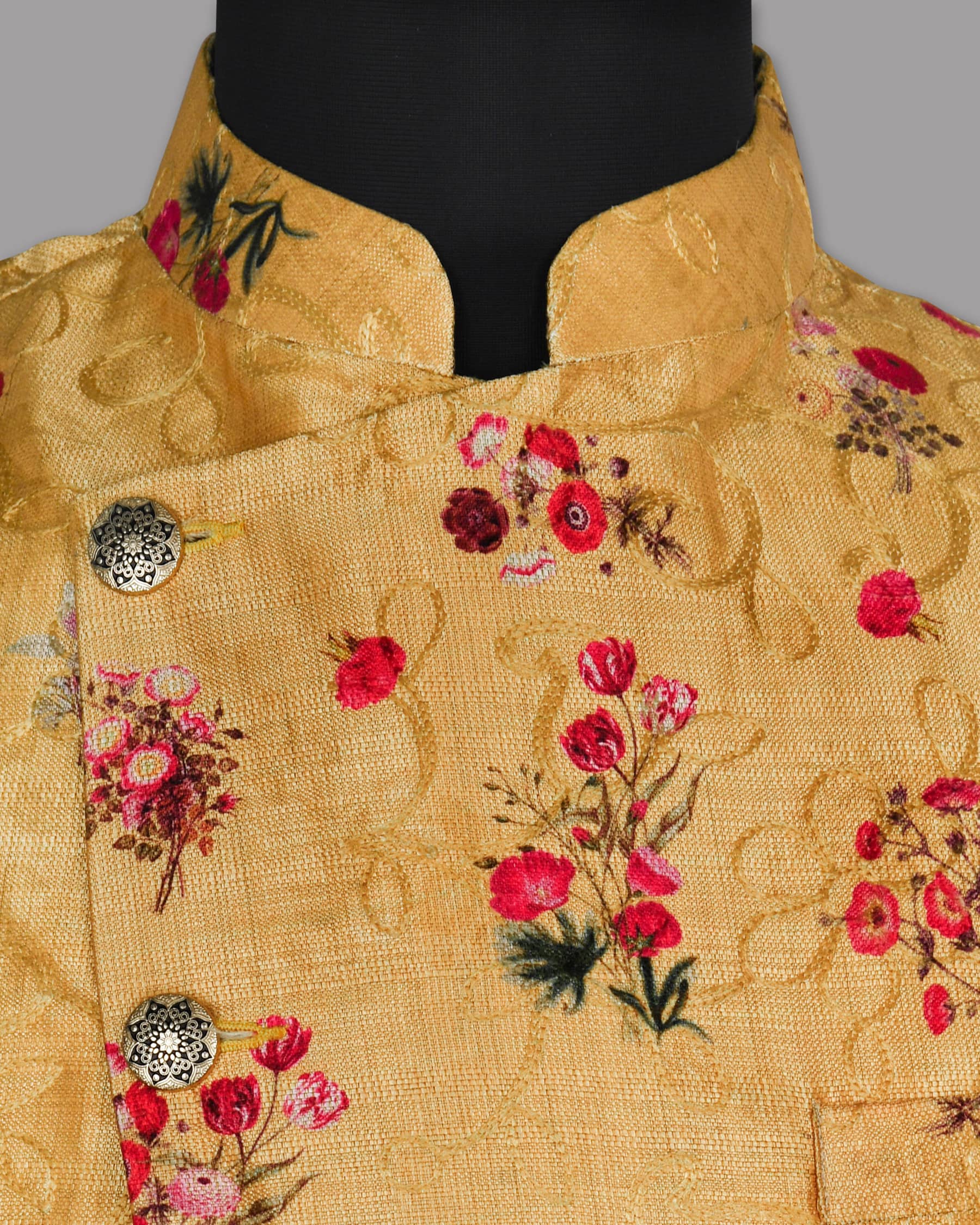 Mustard with Tonal Embroidered and Red flowers Printed Designer Nehru Jacket