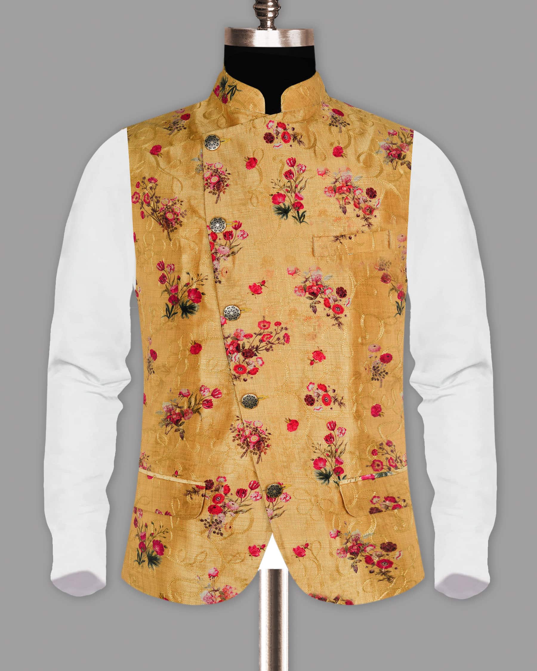 Mustard with Tonal Embroidered and Red flowers Printed Designer Nehru Jacket