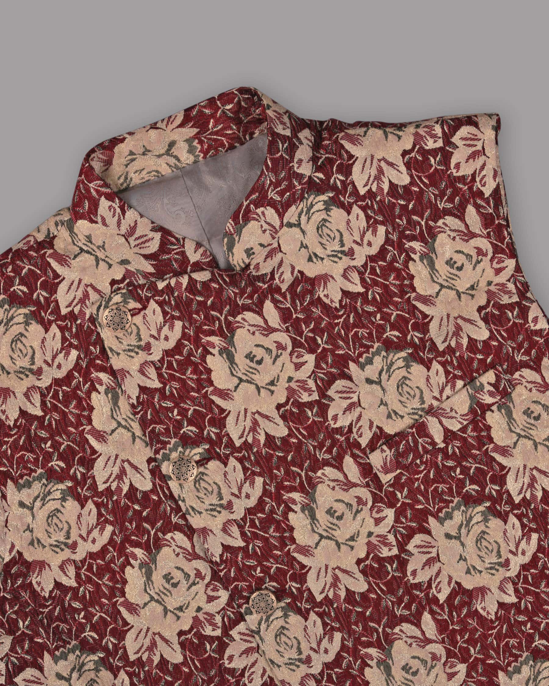 Cream with red Rose jacquard Textured Designer Nehru Jacket