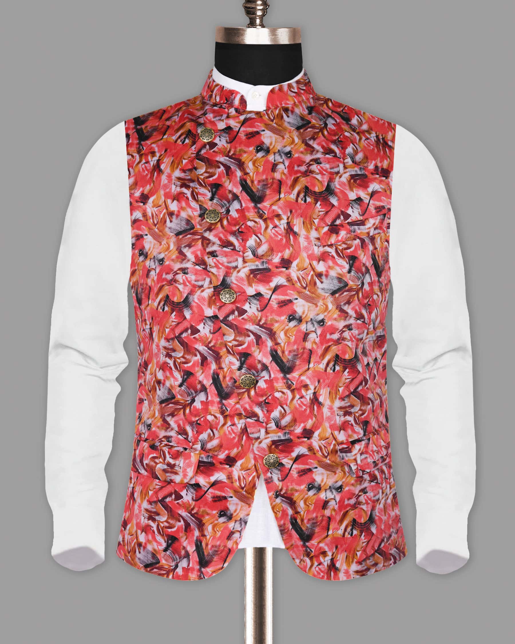 Peach Tonal Brushing Print Super Soft Designer Nehru Jacket