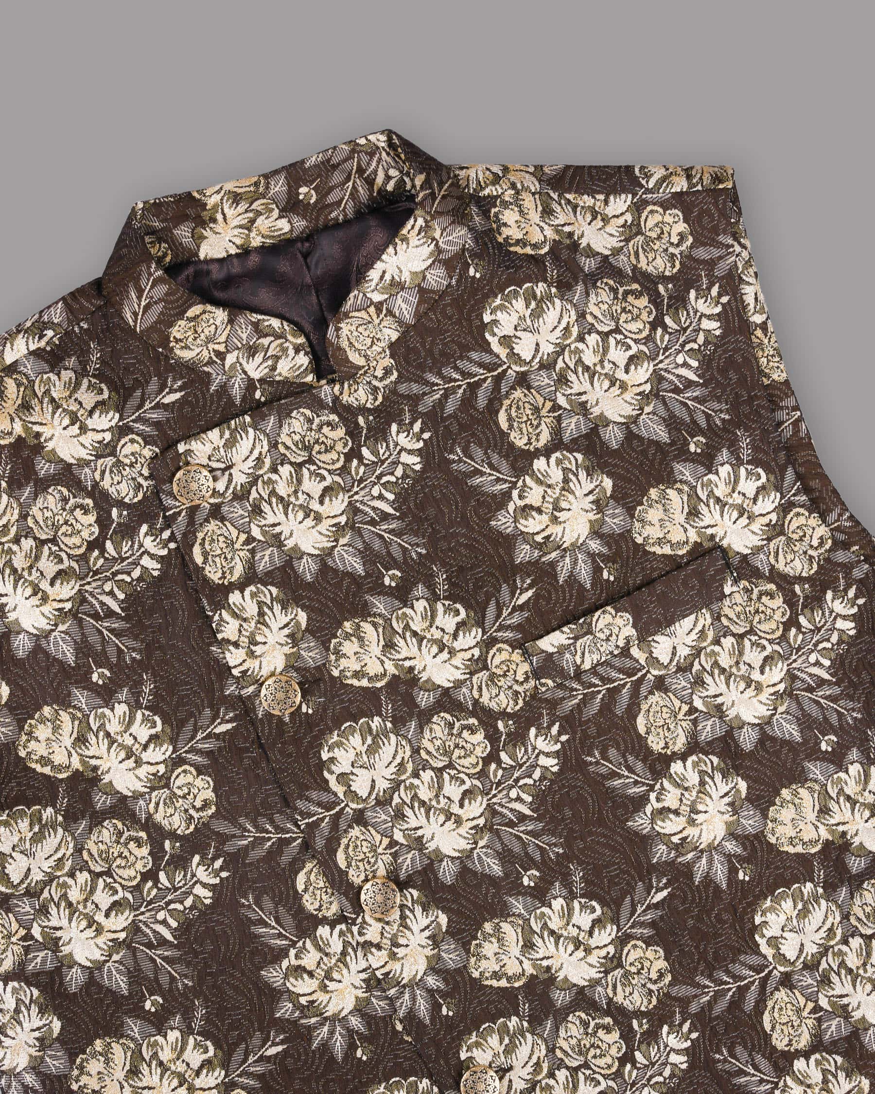 Brown with Cream Flower Jacquard Premium Designer Nehru Jacket