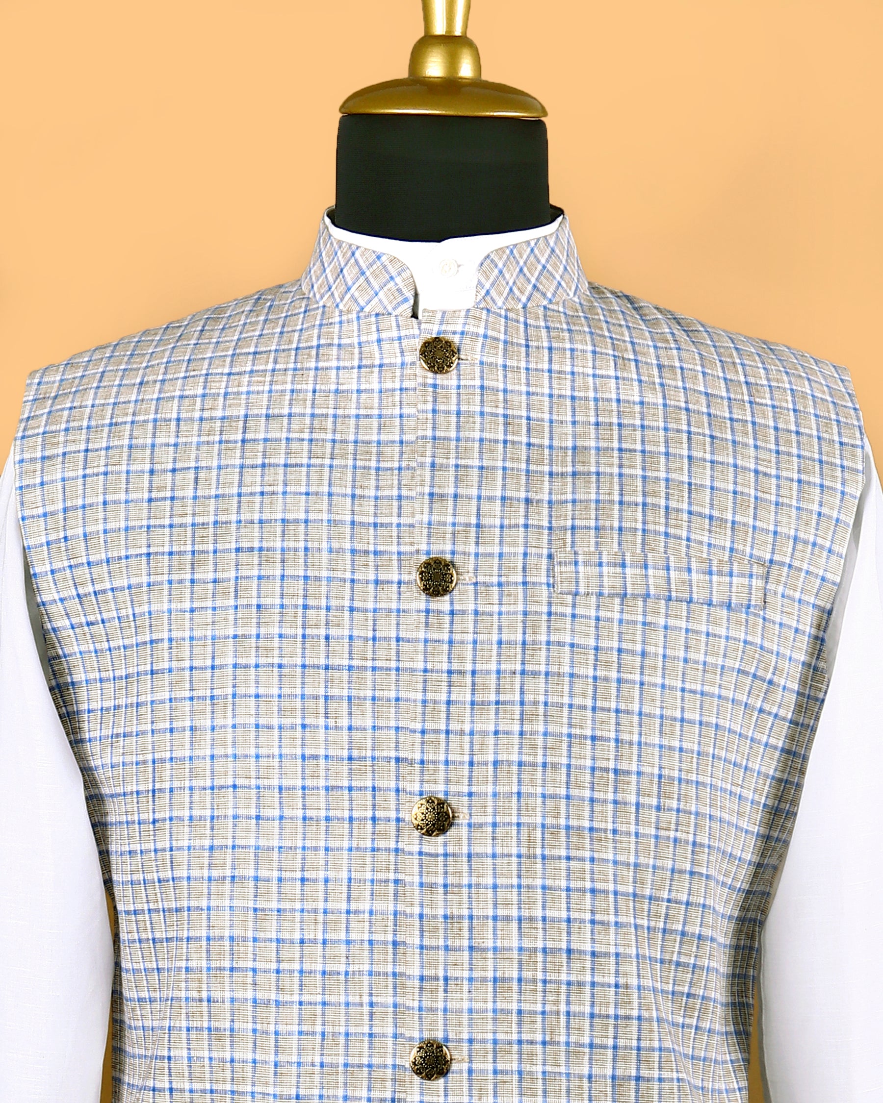 Cream Checked Linen-Jute Blend Nehru Jacket
