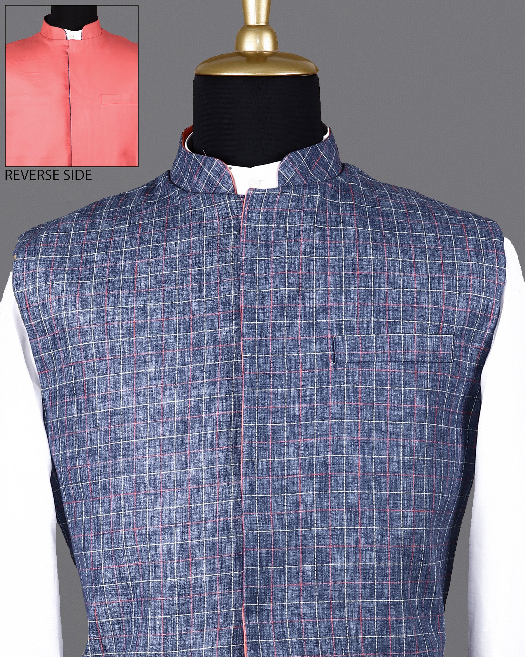Denim Windowpane Linen-Jute Blend Reversible Nehru Jacket