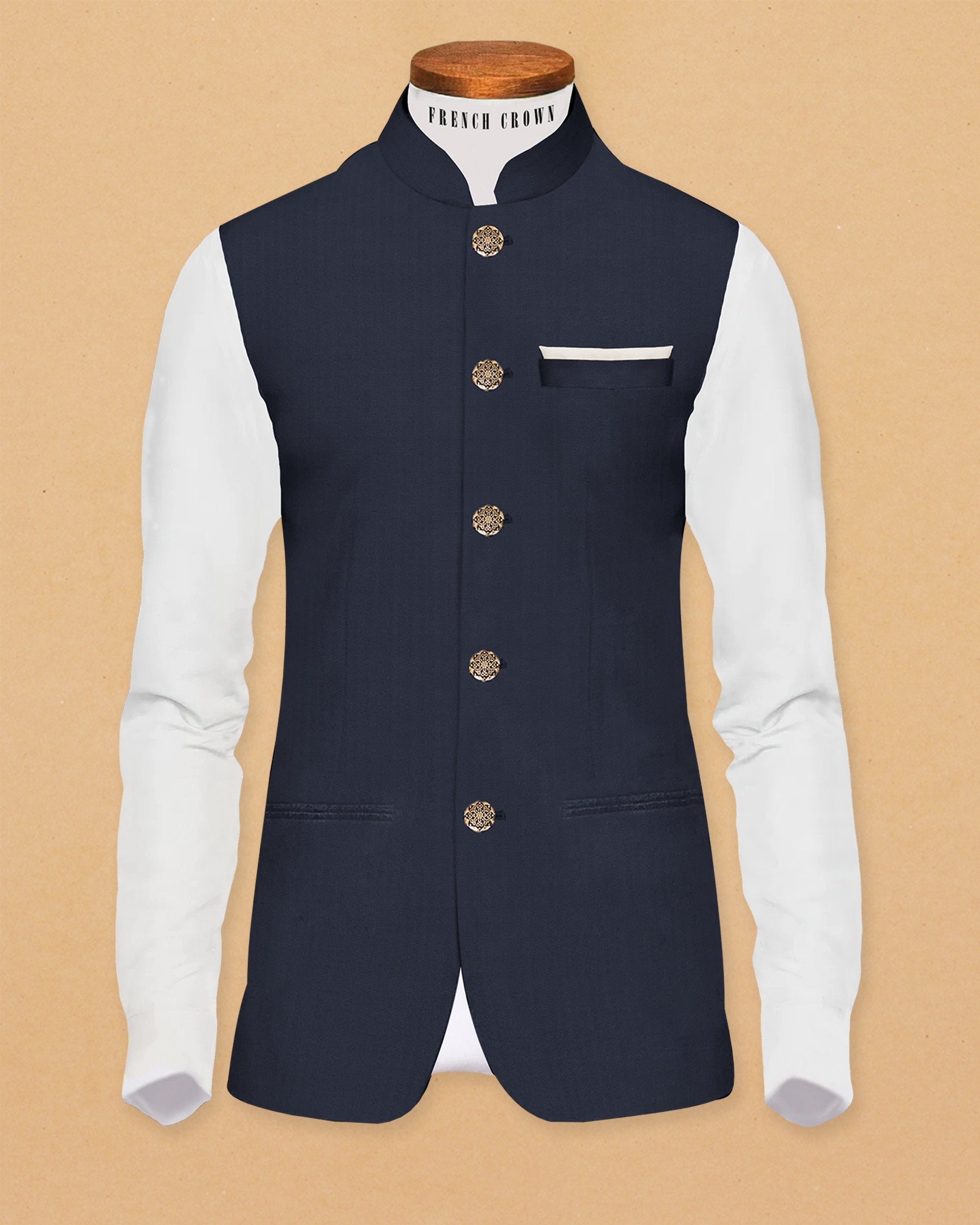 Navy Wool Blend Nehru Jacket