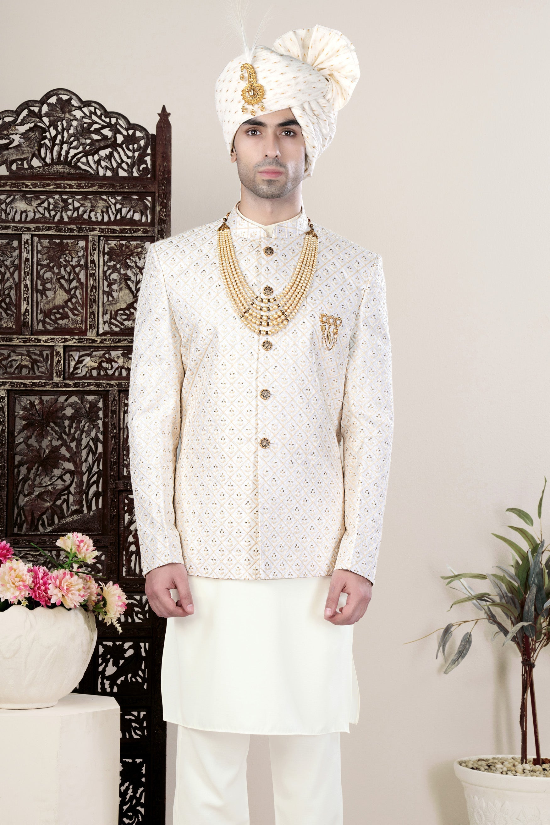 Bright White and Bone Beige Geometric Thread and Sequin Embroidered Jodhpuri