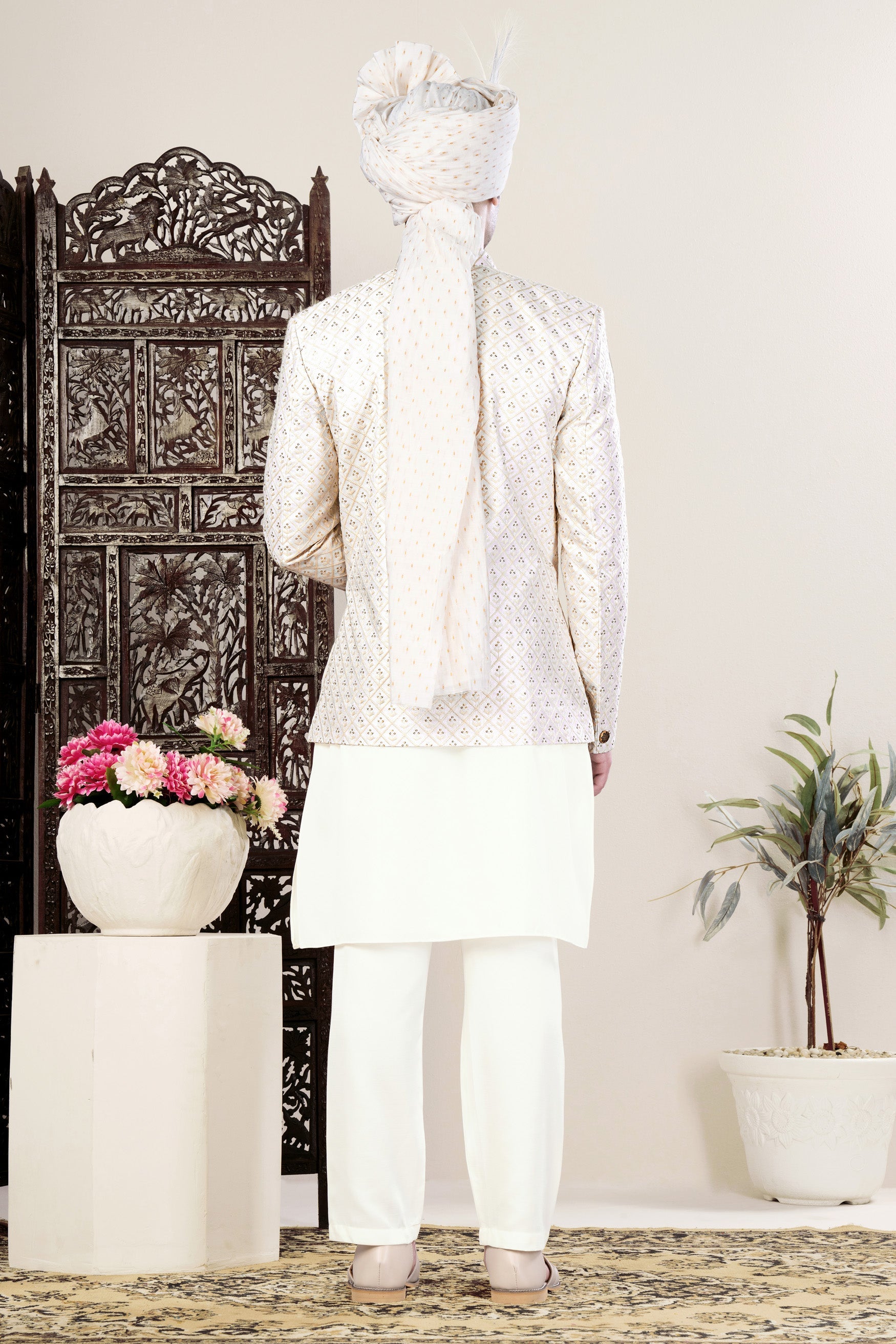 Bright White and Bone Beige Geometric Thread and Sequin Embroidered Jodhpuri Set