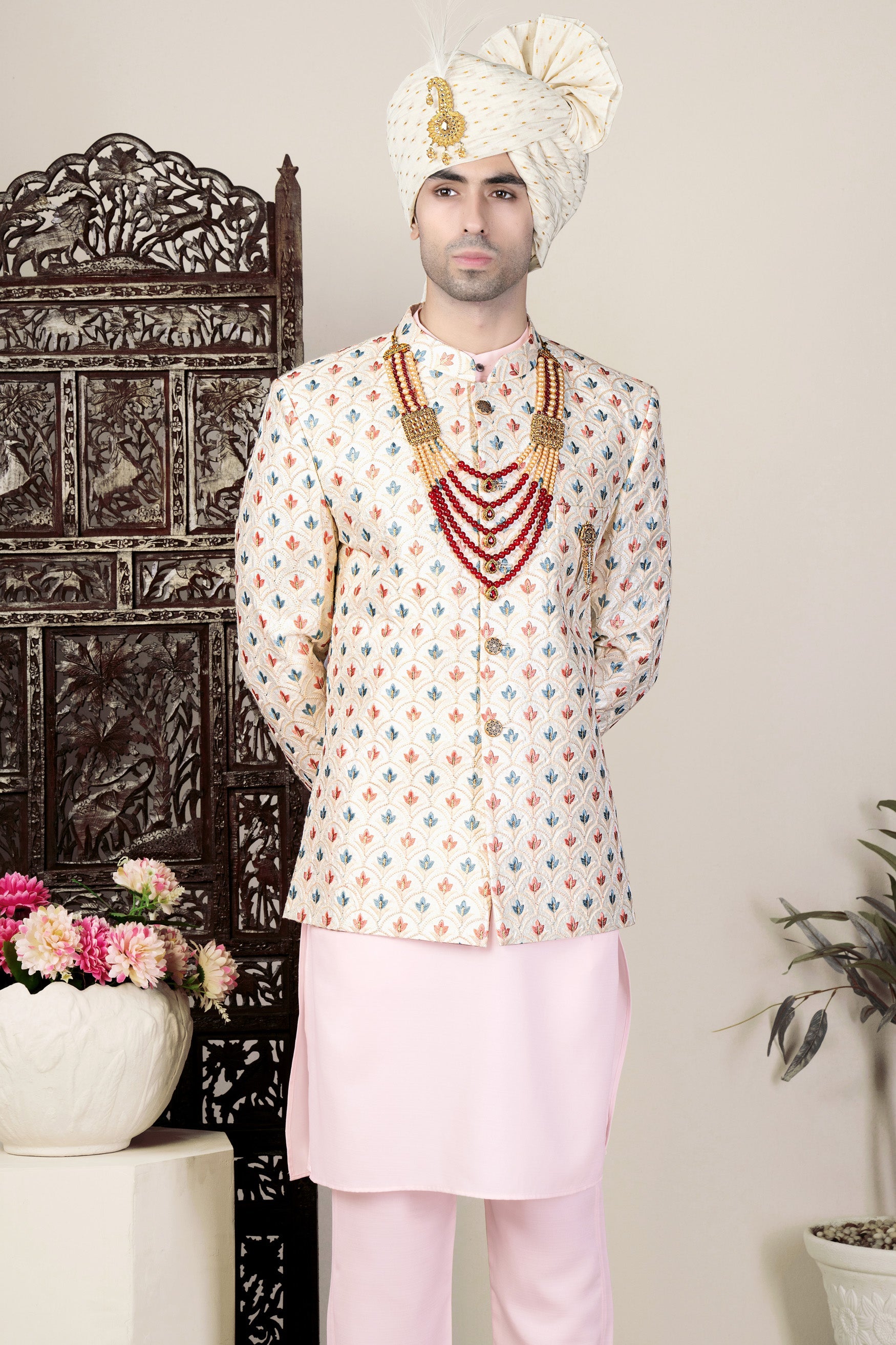 Ecru Cream and Heather Blue Multicolour Thread Embroidered Jodhpuri