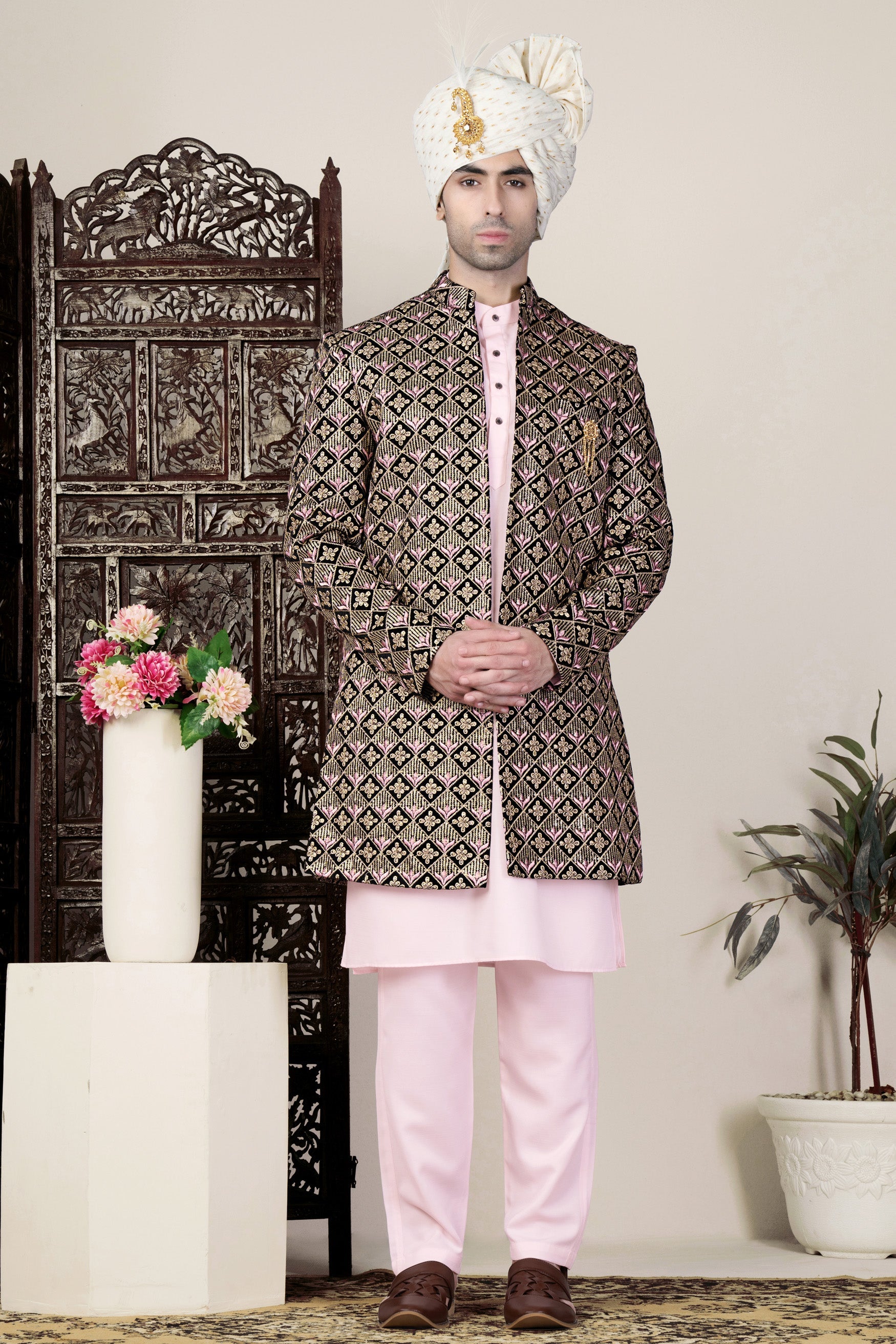 Jade Black and Wewak Pink Geometric Thread Embroidered Indo-Western