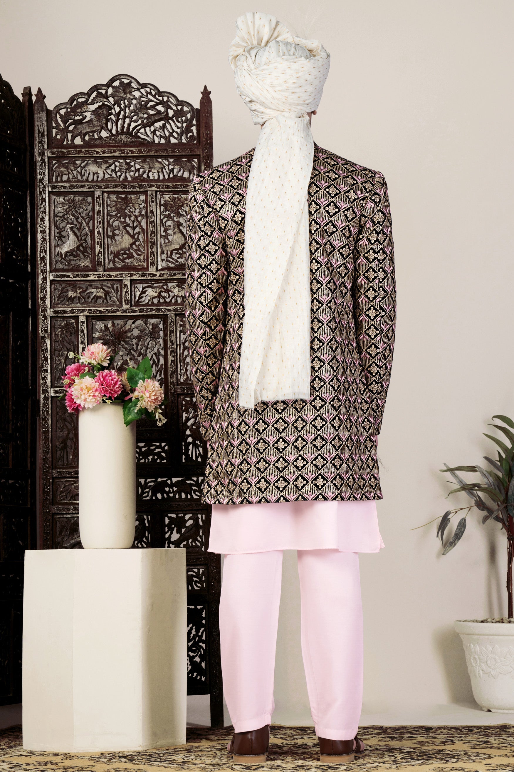 Jade Black and Wewak Pink Geometric Thread Embroidered Indo-Western
