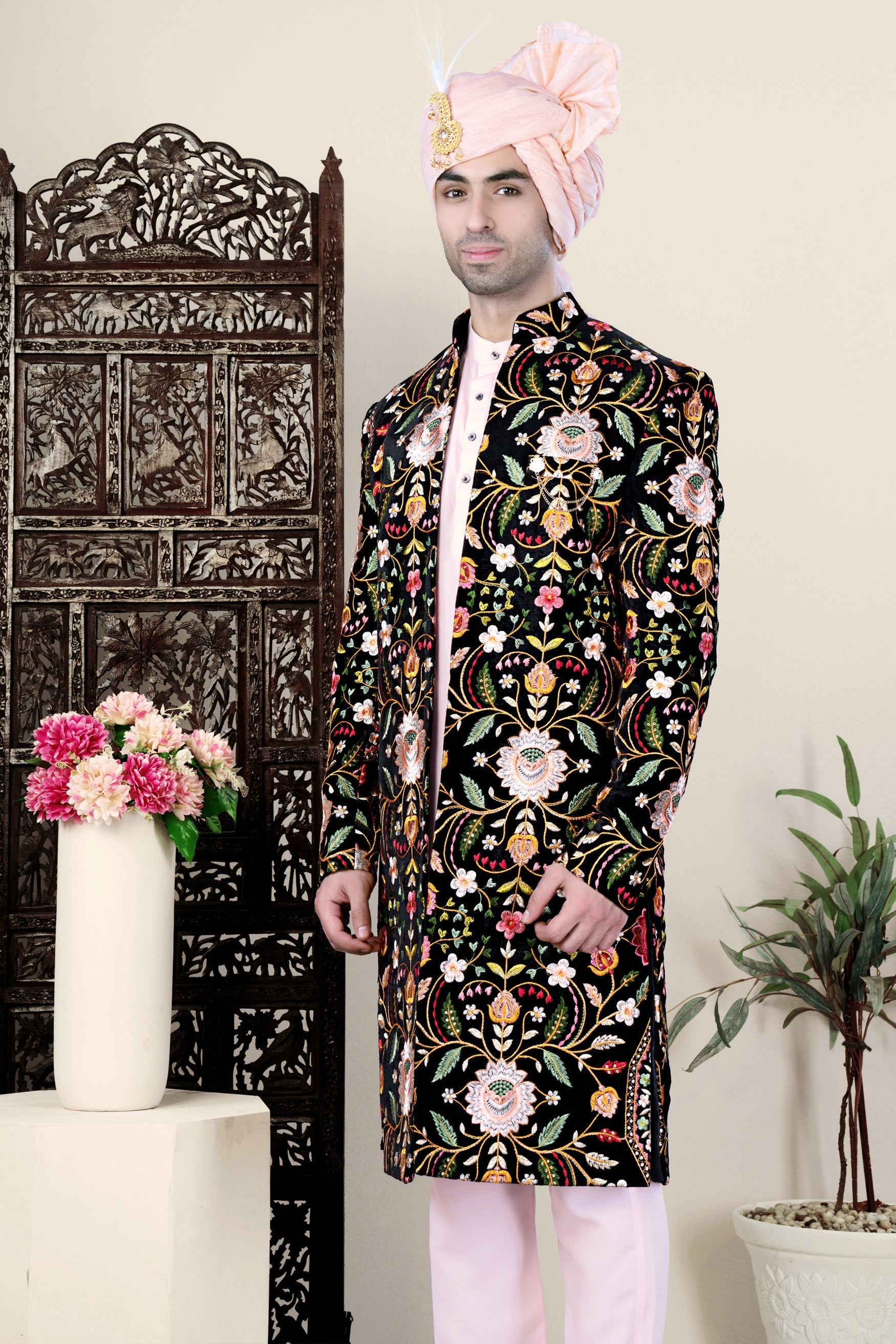 Jade Black with Chalet Green and Geenbug Orange Multicolour Floral Embroidered Indo-Western Set