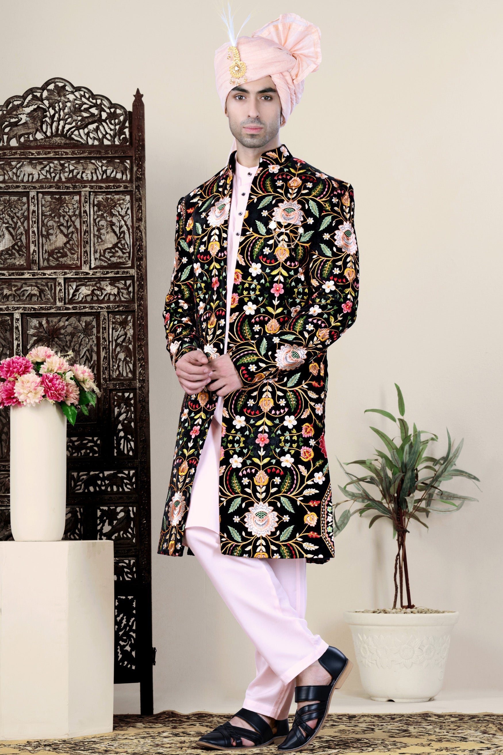 Jade Black with Chalet Green and Geenbug Orange Multicolour Floral Embroidered Indo-Western Set