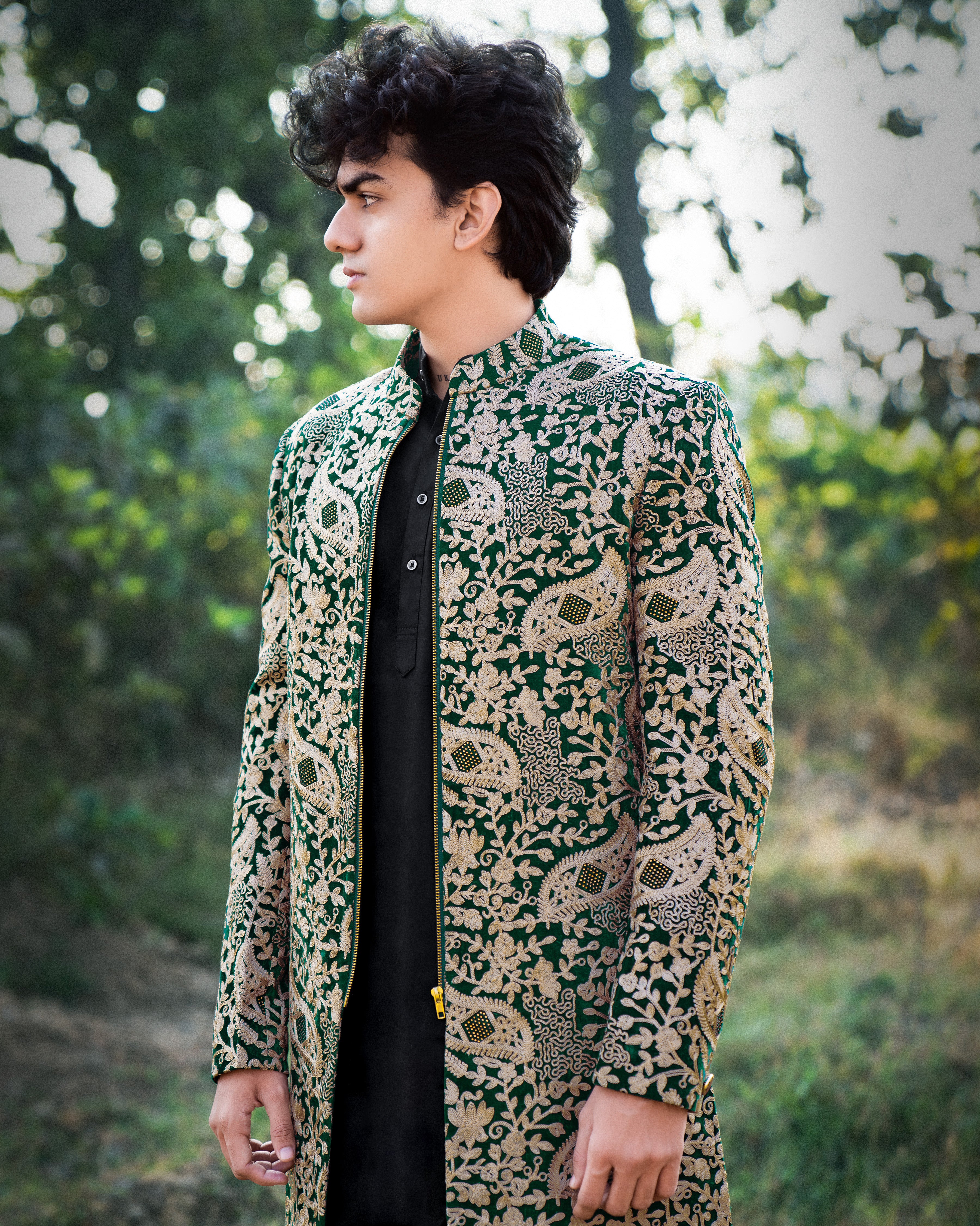 Asphalt Green Velvet Embroidered and Tikki Work Sherwani with Kurta, Dhoti Set SH001-SRW10-36, SH001-SRW10-38, SH001-SRW10-40, SH001-SRW10-42, SH001-SRW10-44, SH001-SRW10-46, SH001-SRW10-48, SH001-SRW10-50, SH001-SRW10-52, SH001-SRW10-54, SH001-SRW10-56, SH001-SRW10-58, SH001-SRW10-60