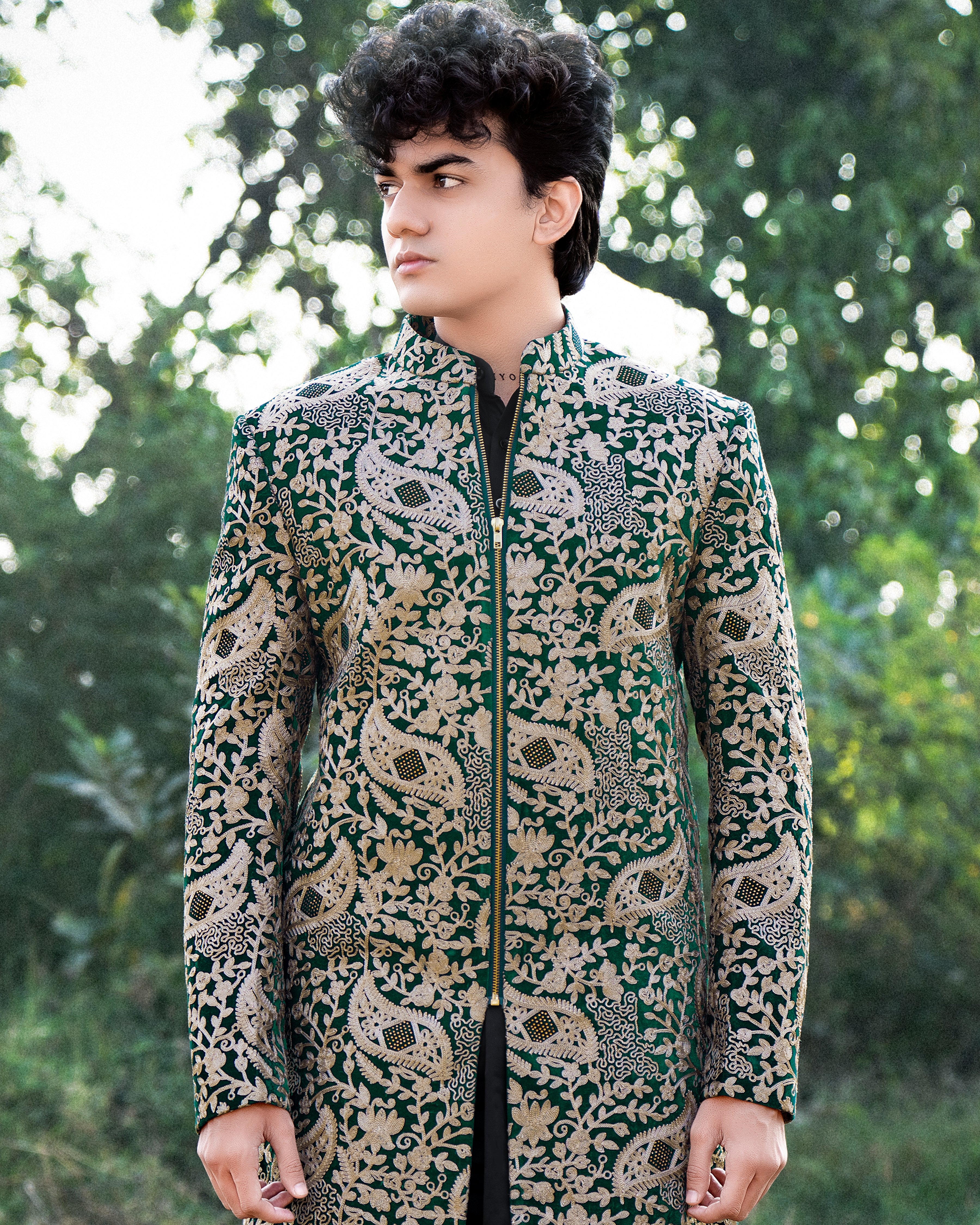 Asphalt Green Velvet Embroidered and Tikki Work Sherwani with Kurta, Dhoti Set SH001-SRW10-36, SH001-SRW10-38, SH001-SRW10-40, SH001-SRW10-42, SH001-SRW10-44, SH001-SRW10-46, SH001-SRW10-48, SH001-SRW10-50, SH001-SRW10-52, SH001-SRW10-54, SH001-SRW10-56, SH001-SRW10-58, SH001-SRW10-60