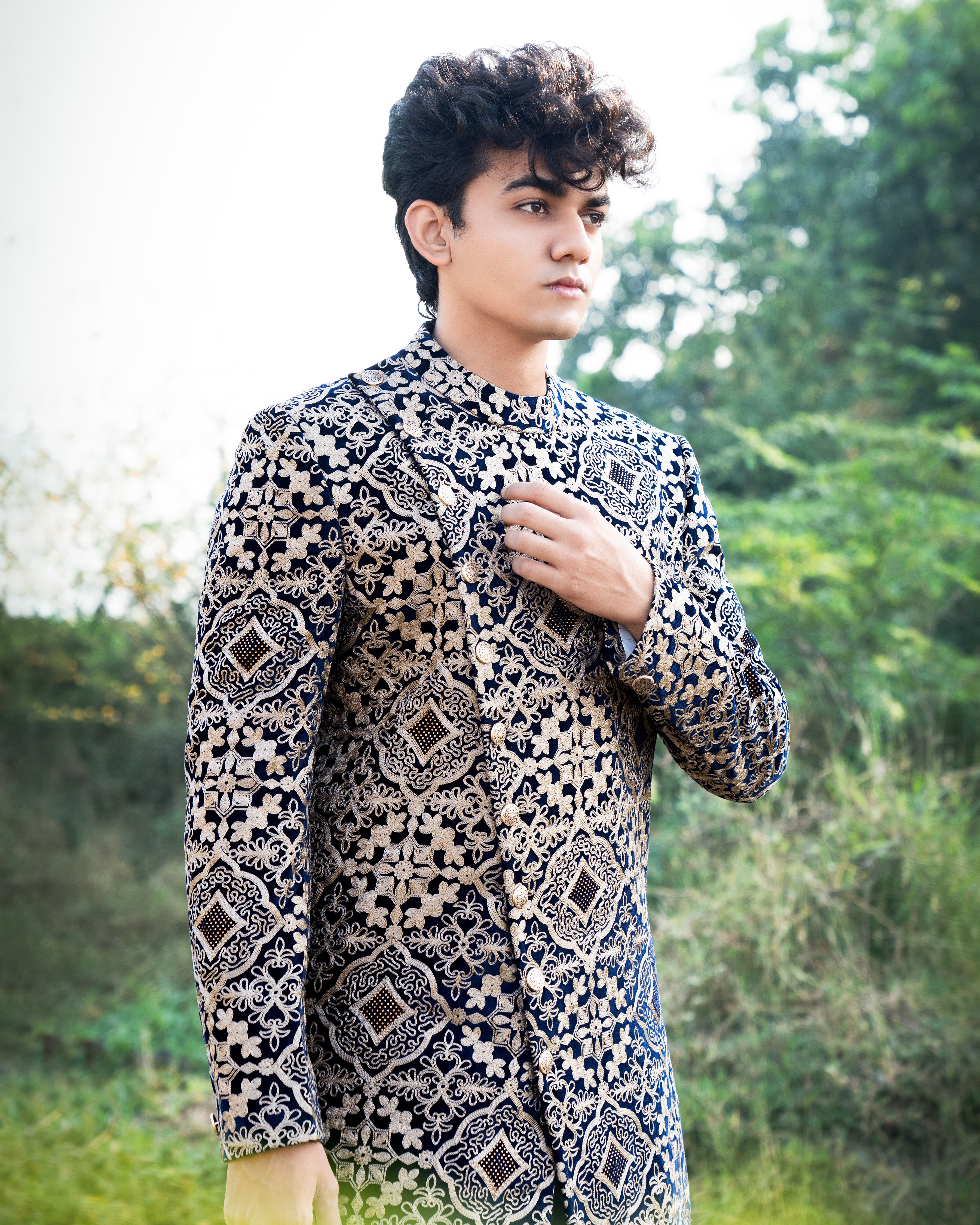 Jaguar Black with Sandal Brown Velvet Tikki Work with Cotton Embroidered Thread Work Cross Buttoned Bandhgala Asymmetrical Patterned Sherwani SHR02-SRW03-36, SHR02-SRW03-38, SHR02-SRW03-40, SHR02-SRW03-42, SHR02-SRW03-44, SHR02-SRW03-46, SHR02-SRW03-48, SHR02-SRW03-50, SHR02-SRW03-52, SHR02-SRW03-54, SHR02-SRW03-56, SHR02-SRW03-58, SHR02-SRW03-60