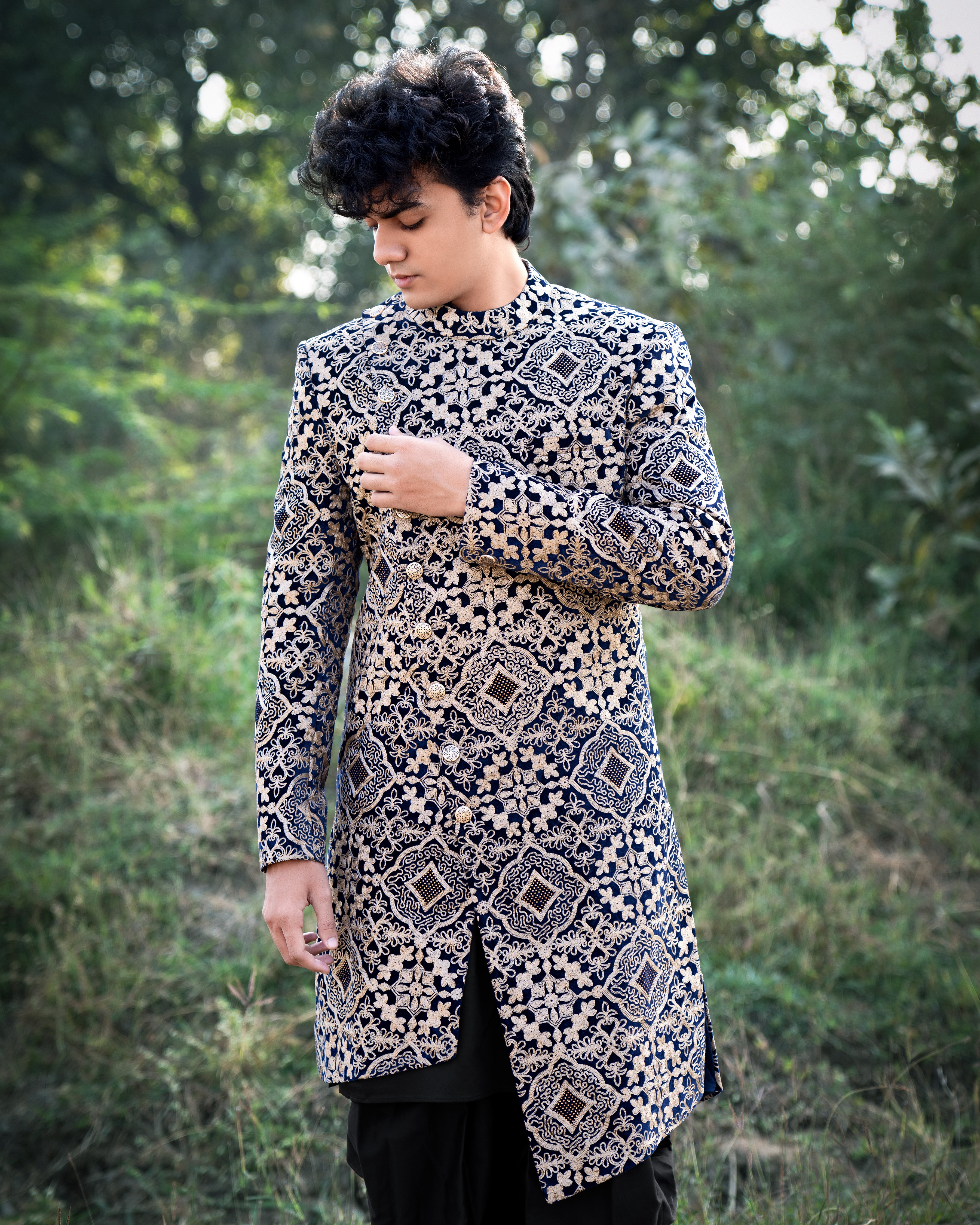 Jaguar Black with Sandal Brown Velvet Tikki Work with Cotton Embroidered Thread Work Cross Buttoned Bandhgala Asymmetrical Patterned Sherwani SHR02-SRW03-36, SHR02-SRW03-38, SHR02-SRW03-40, SHR02-SRW03-42, SHR02-SRW03-44, SHR02-SRW03-46, SHR02-SRW03-48, SHR02-SRW03-50, SHR02-SRW03-52, SHR02-SRW03-54, SHR02-SRW03-56, SHR02-SRW03-58, SHR02-SRW03-60