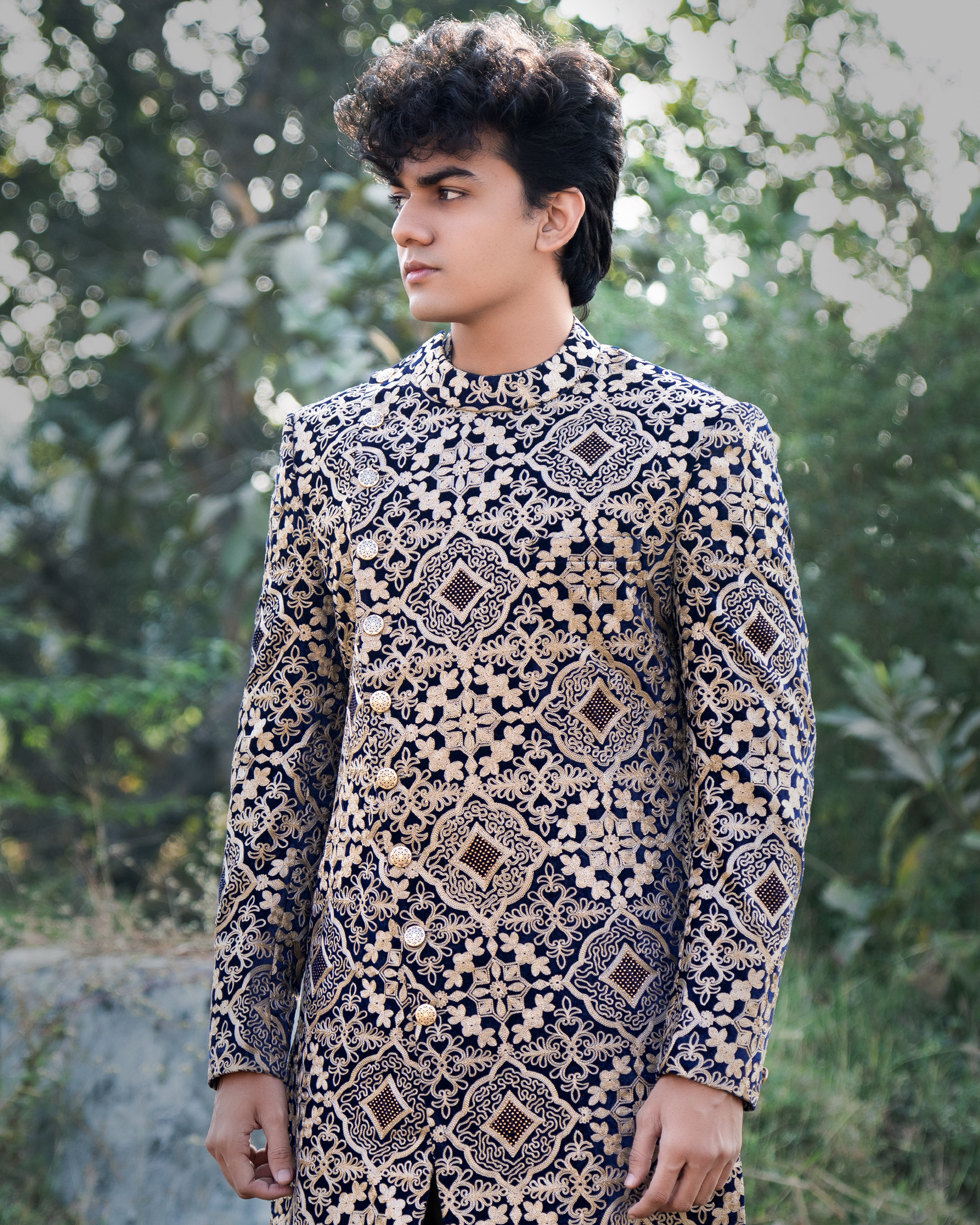 Jaguar Black with Sandal Brown Velvet Tikki Work with Cotton Embroidered Thread Work Cross Buttoned Bandhgala Asymmetrical Patterned Sherwani SHR02-SRW03-36, SHR02-SRW03-38, SHR02-SRW03-40, SHR02-SRW03-42, SHR02-SRW03-44, SHR02-SRW03-46, SHR02-SRW03-48, SHR02-SRW03-50, SHR02-SRW03-52, SHR02-SRW03-54, SHR02-SRW03-56, SHR02-SRW03-58, SHR02-SRW03-60