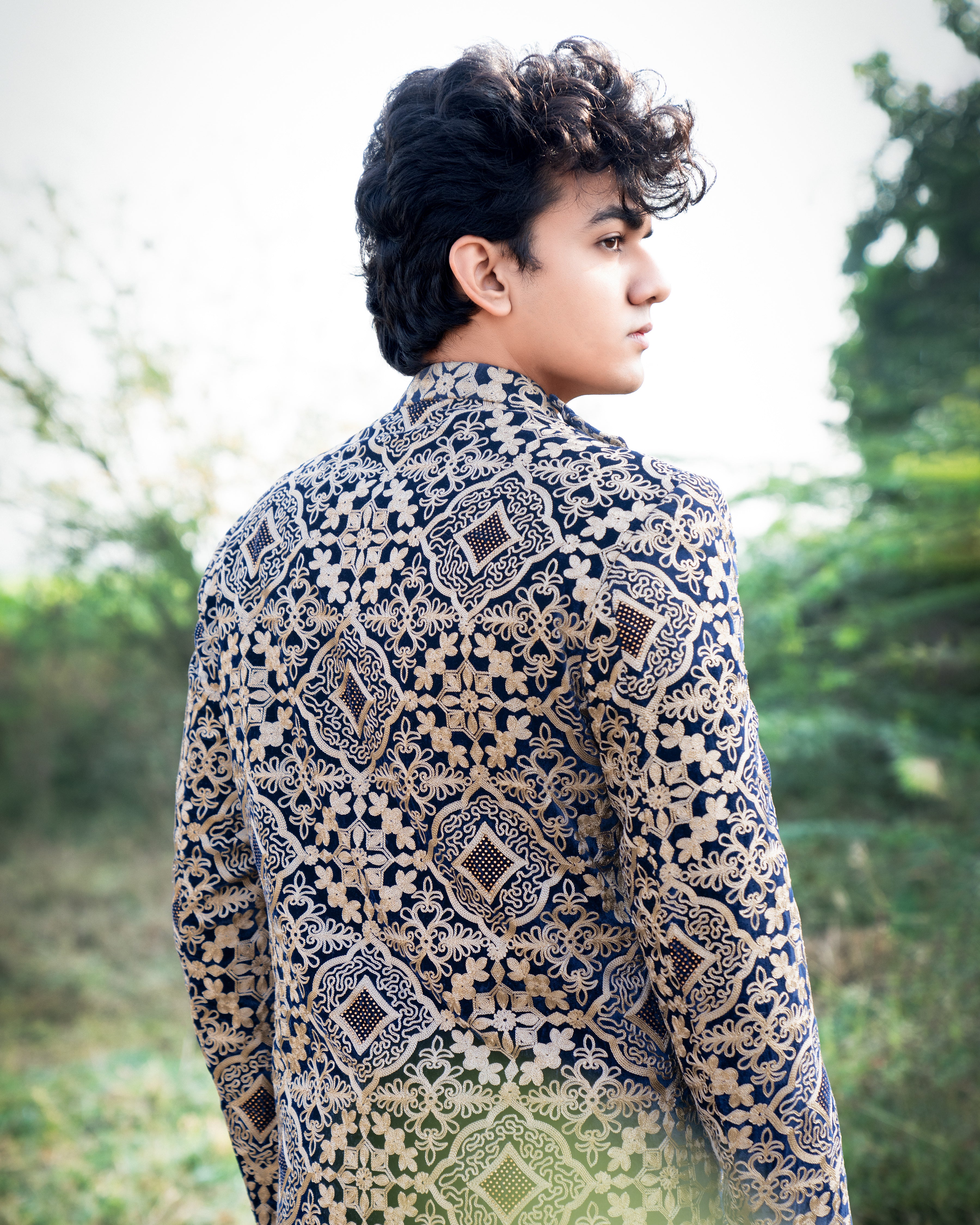Jaguar Black with Sandal Brown Velvet Tikki Work with Cotton Embroidered Thread Work Cross Buttoned Bandhgala Asymmetrical Patterned Sherwani SHR02-SRW03-36, SHR02-SRW03-38, SHR02-SRW03-40, SHR02-SRW03-42, SHR02-SRW03-44, SHR02-SRW03-46, SHR02-SRW03-48, SHR02-SRW03-50, SHR02-SRW03-52, SHR02-SRW03-54, SHR02-SRW03-56, SHR02-SRW03-58, SHR02-SRW03-60