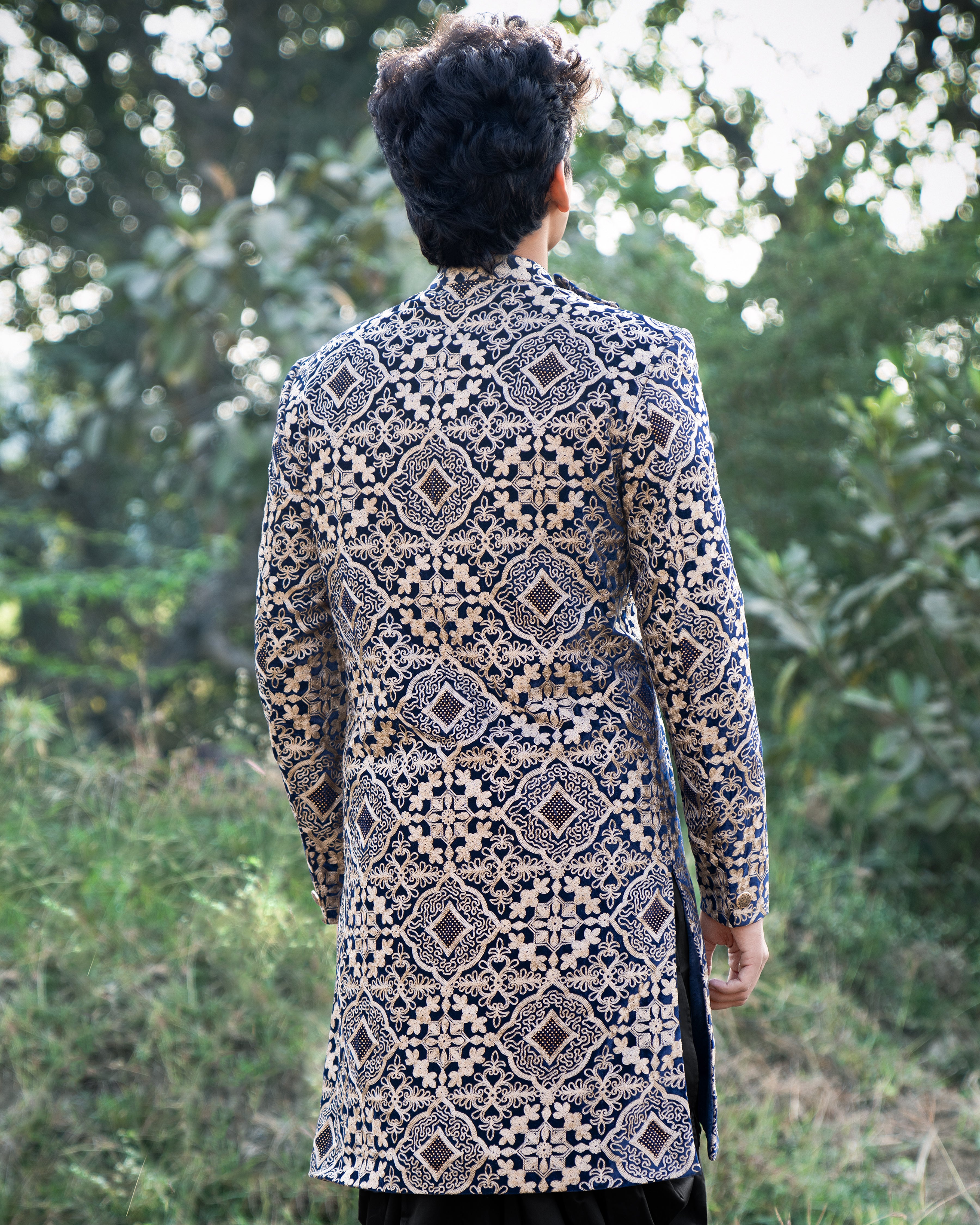 Jaguar Black with Sandal Brown Velvet Tikki Work with Cotton Embroidered Thread Work Cross Buttoned Bandhgala Asymmetrical Patterned Sherwani SHR02-SRW03-36, SHR02-SRW03-38, SHR02-SRW03-40, SHR02-SRW03-42, SHR02-SRW03-44, SHR02-SRW03-46, SHR02-SRW03-48, SHR02-SRW03-50, SHR02-SRW03-52, SHR02-SRW03-54, SHR02-SRW03-56, SHR02-SRW03-58, SHR02-SRW03-60